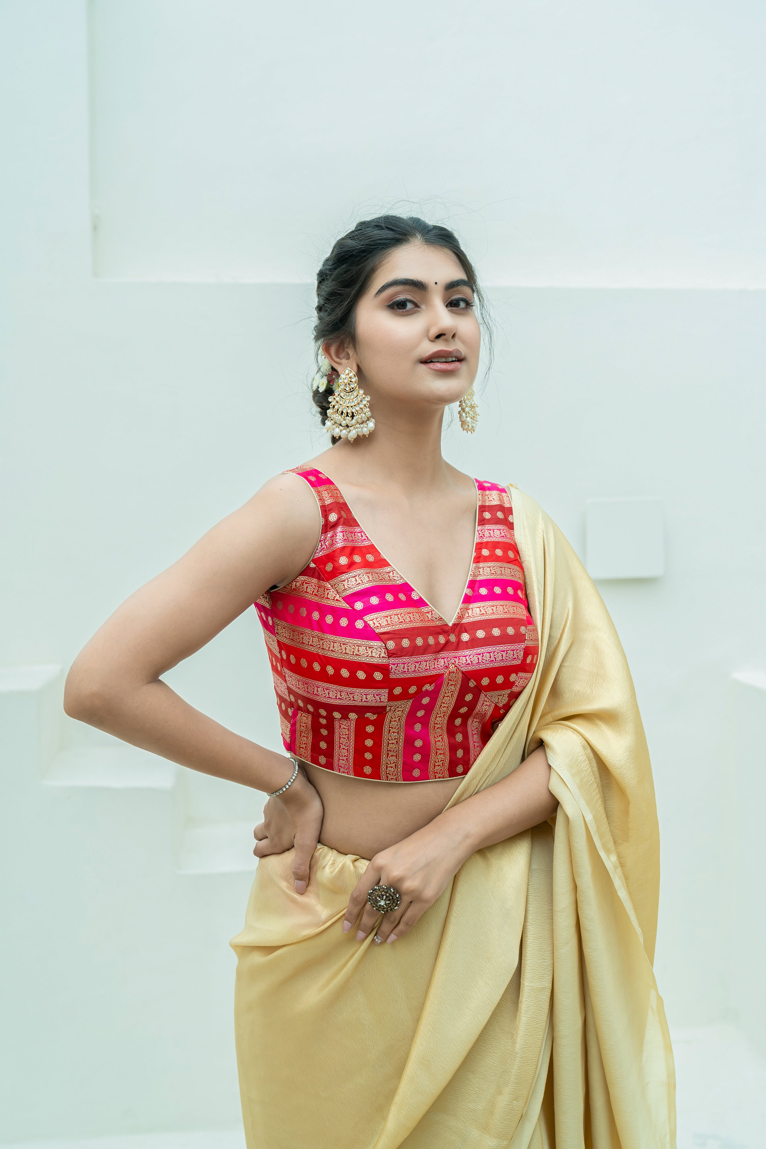 Multicolored Striped Banarasi Brocade Sleeveless V-Neck Red Blouse