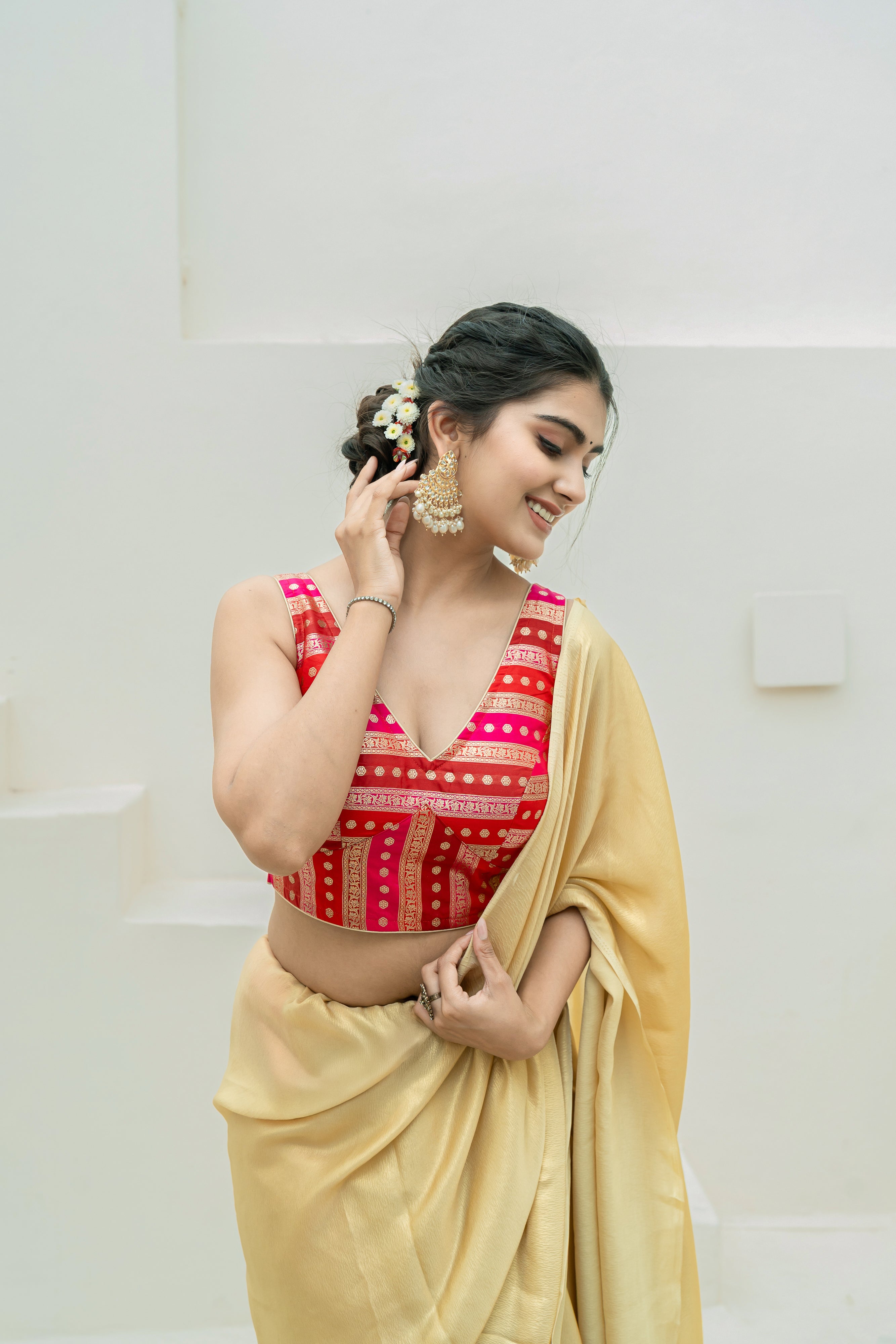 Multicolored Striped Banarasi Brocade Sleeveless V-Neck Red Blouse