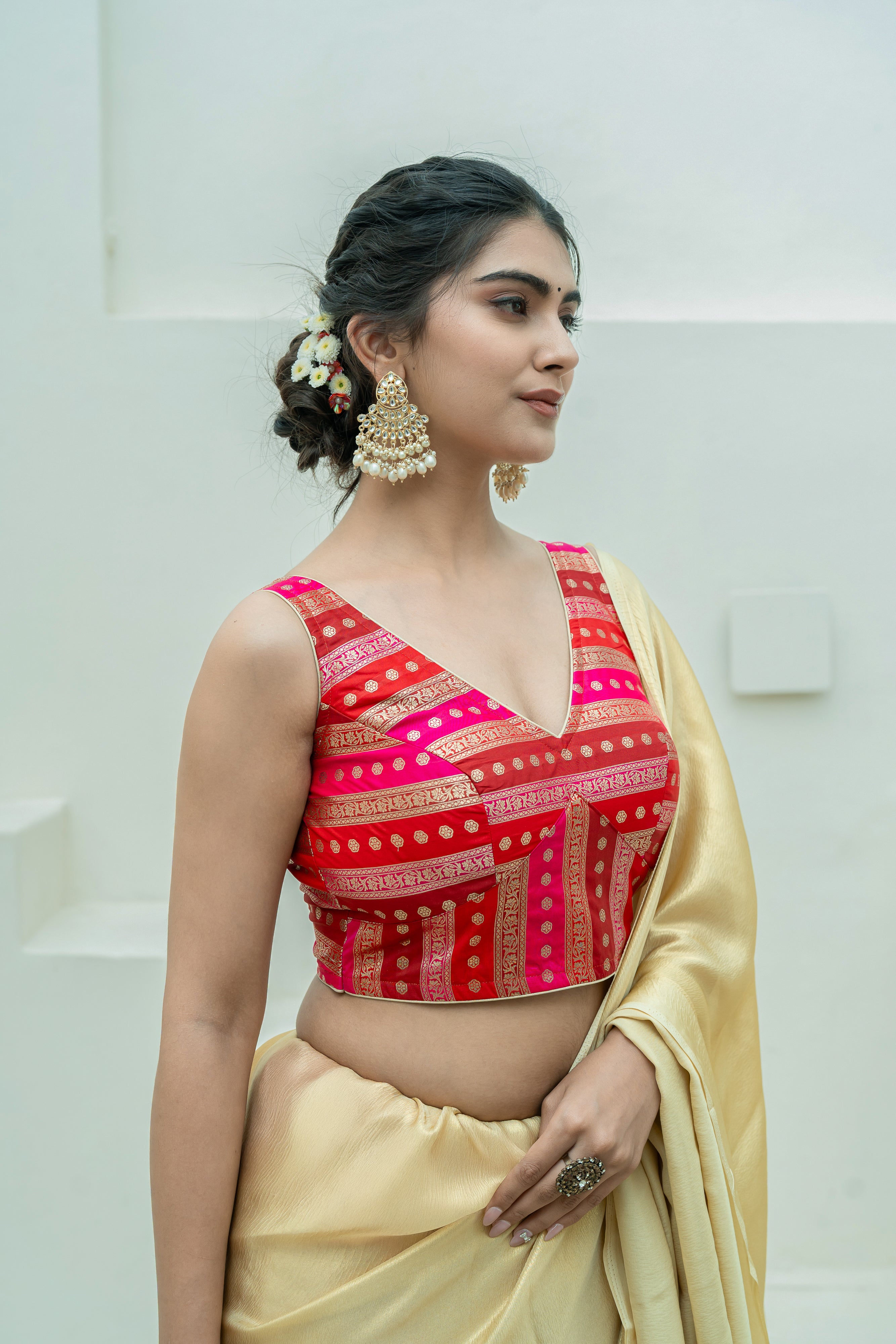 Multicolored Striped Banarasi Brocade Sleeveless V-Neck Red Blouse