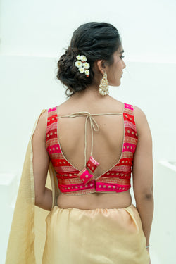 Multicolored Striped Banarasi Brocade Sleeveless V-Neck Blouse