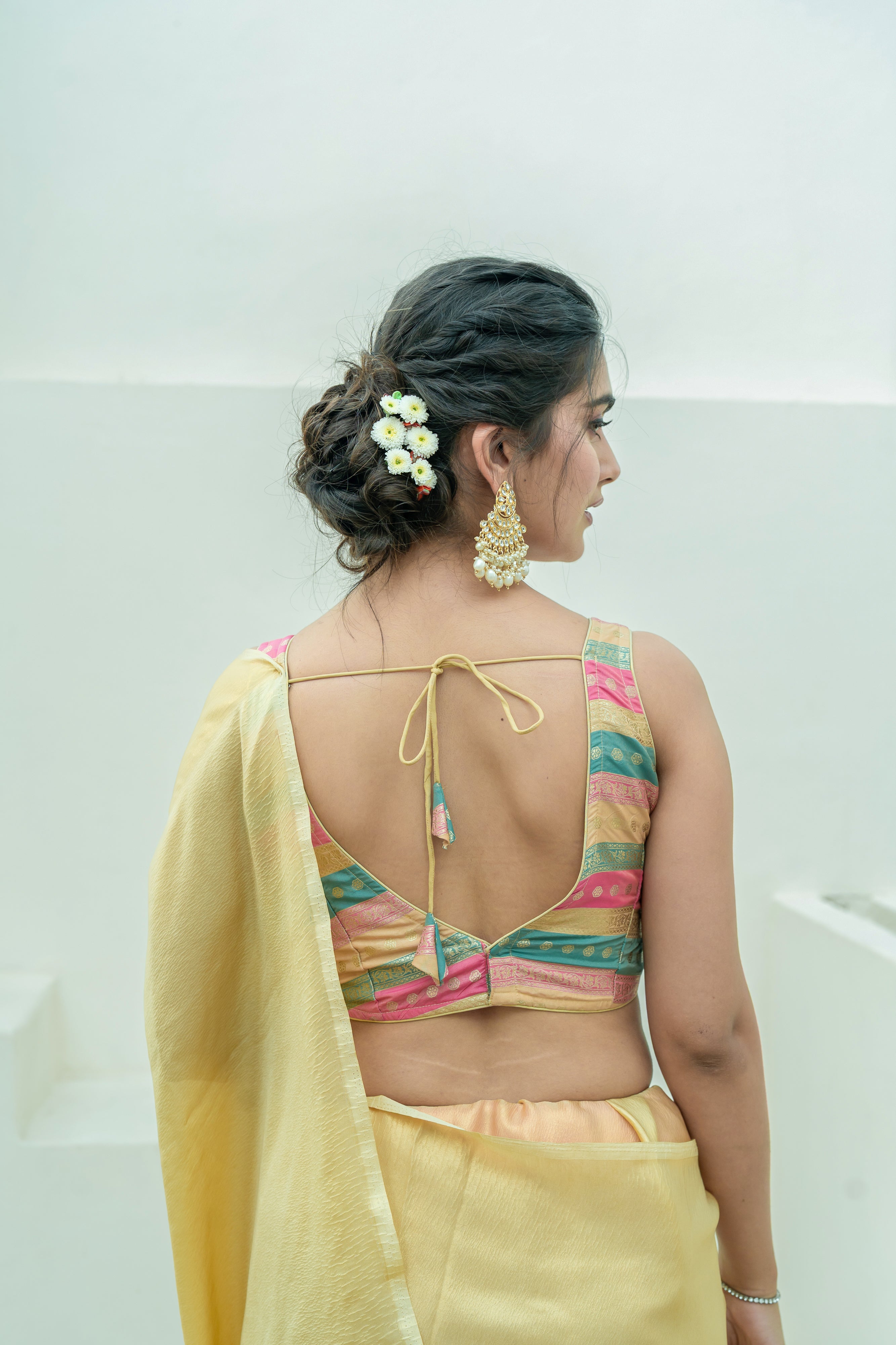 Multicolored Striped Banarasi Brocade Sleeveless V-Neck Blouse