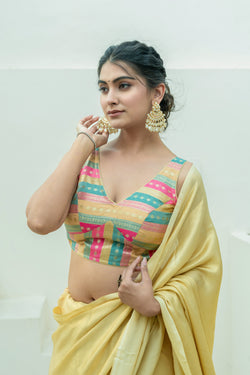 Multicolored Striped Banarasi Brocade Sleeveless V-Neck Blouse