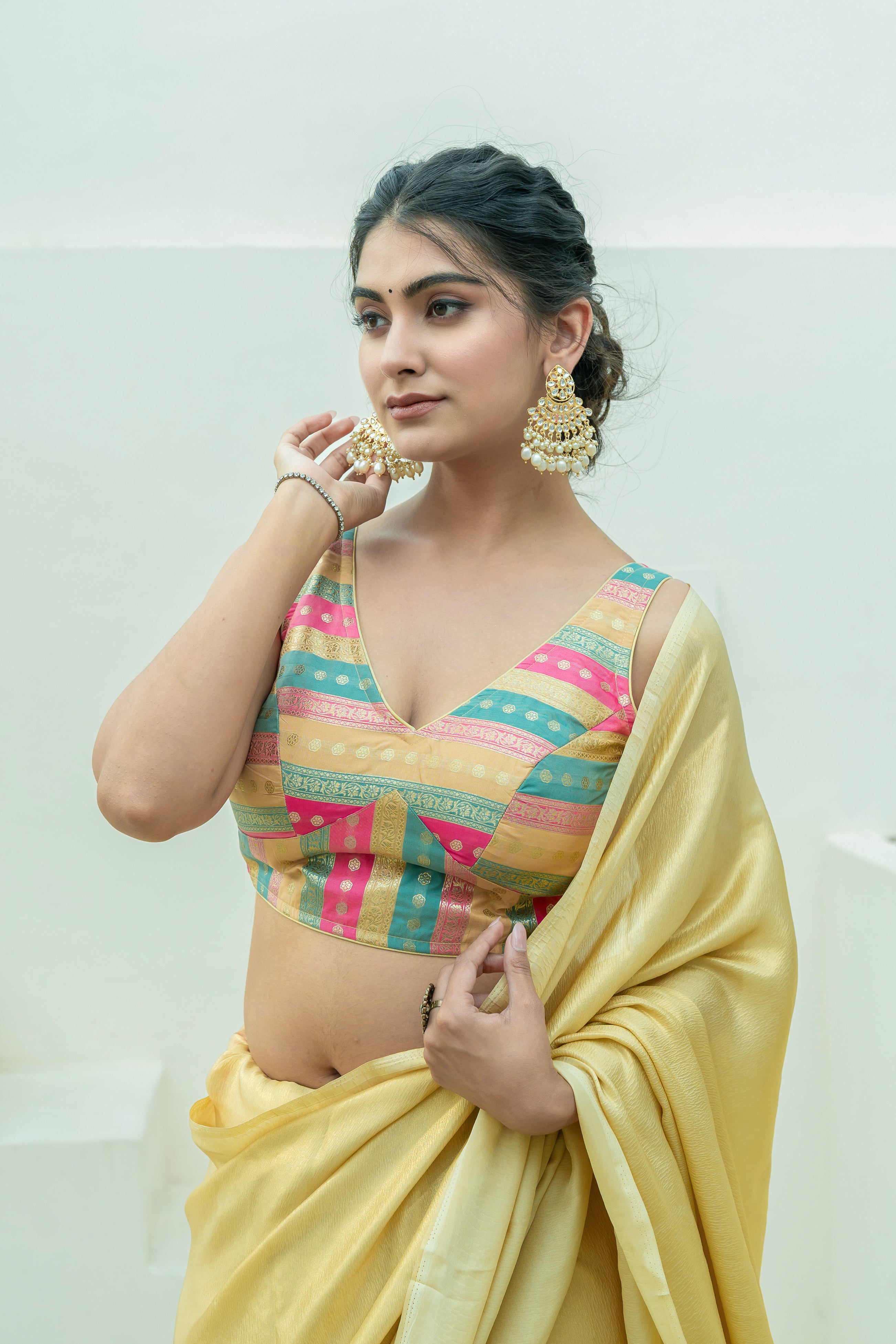 Multicolored Striped Banarasi Brocade Sleeveless V-Neck Beige Blouse