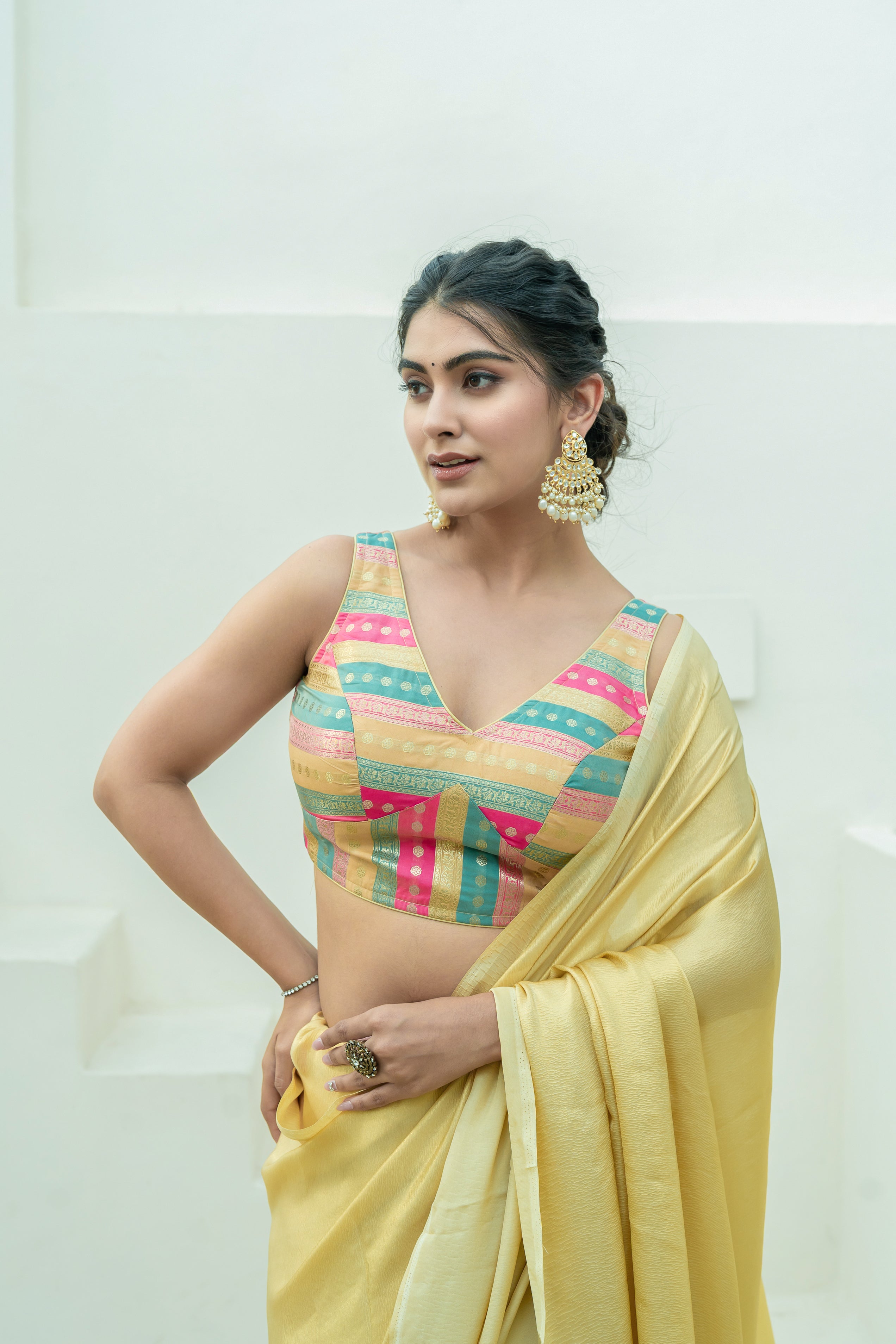 Multicolored Striped Banarasi Brocade Sleeveless V-Neck Beige Blouse