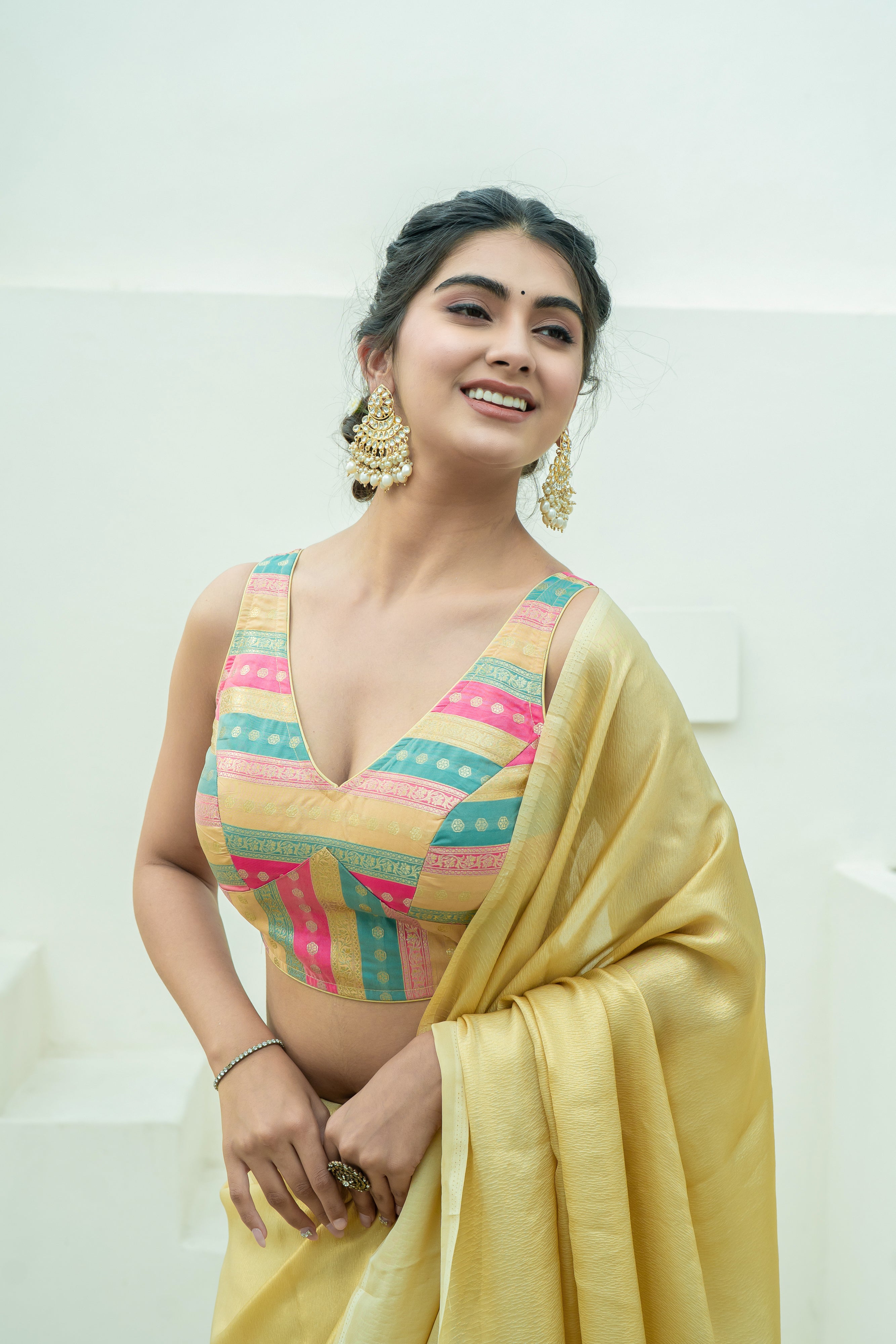 Multicolored Striped Banarasi Brocade Sleeveless V-Neck Beige Blouse