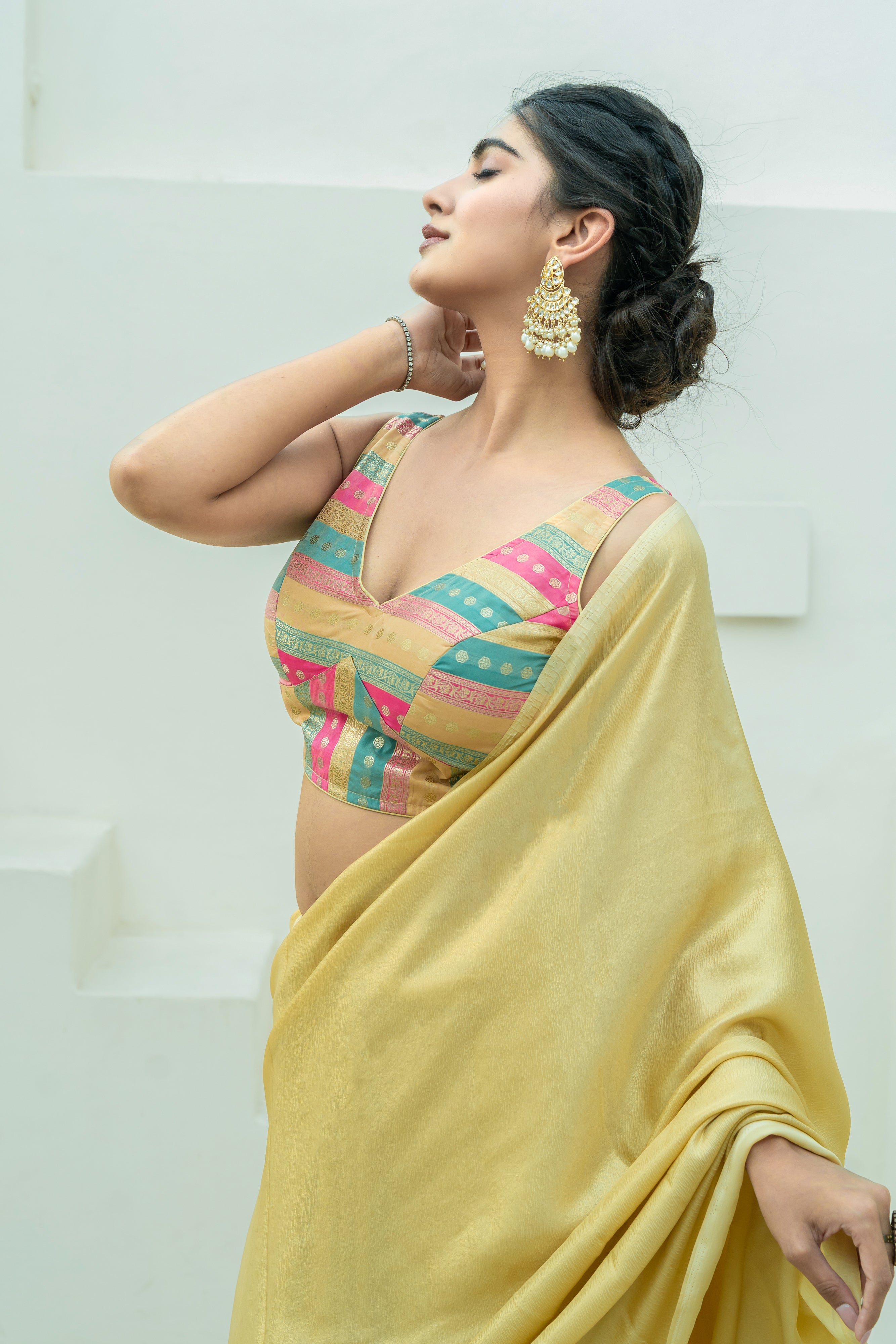 Multicolored Striped Banarasi Brocade Sleeveless V-Neck Beige Blouse