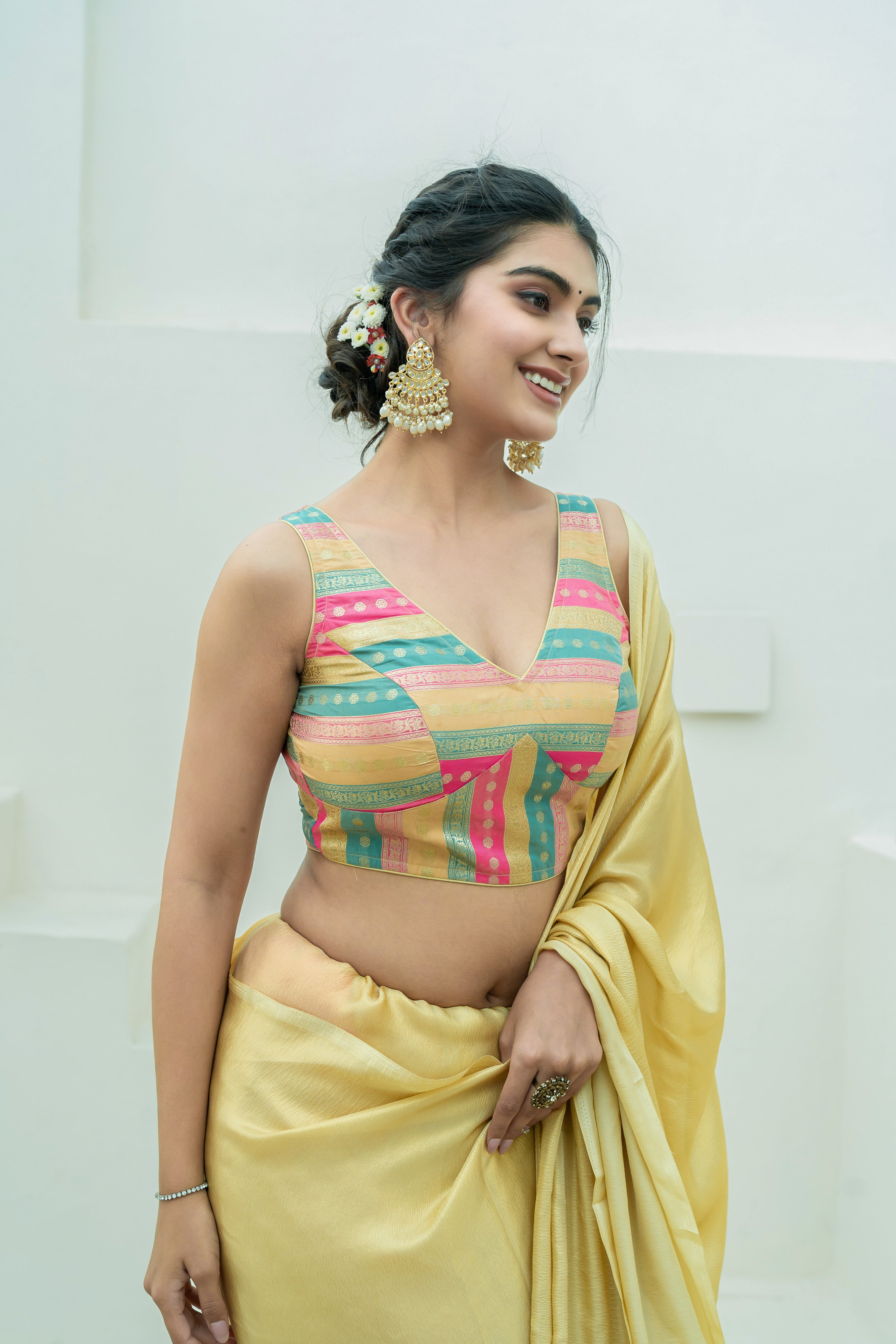 Multicolored Striped Banarasi Brocade Sleeveless V-Neck Beige Blouse