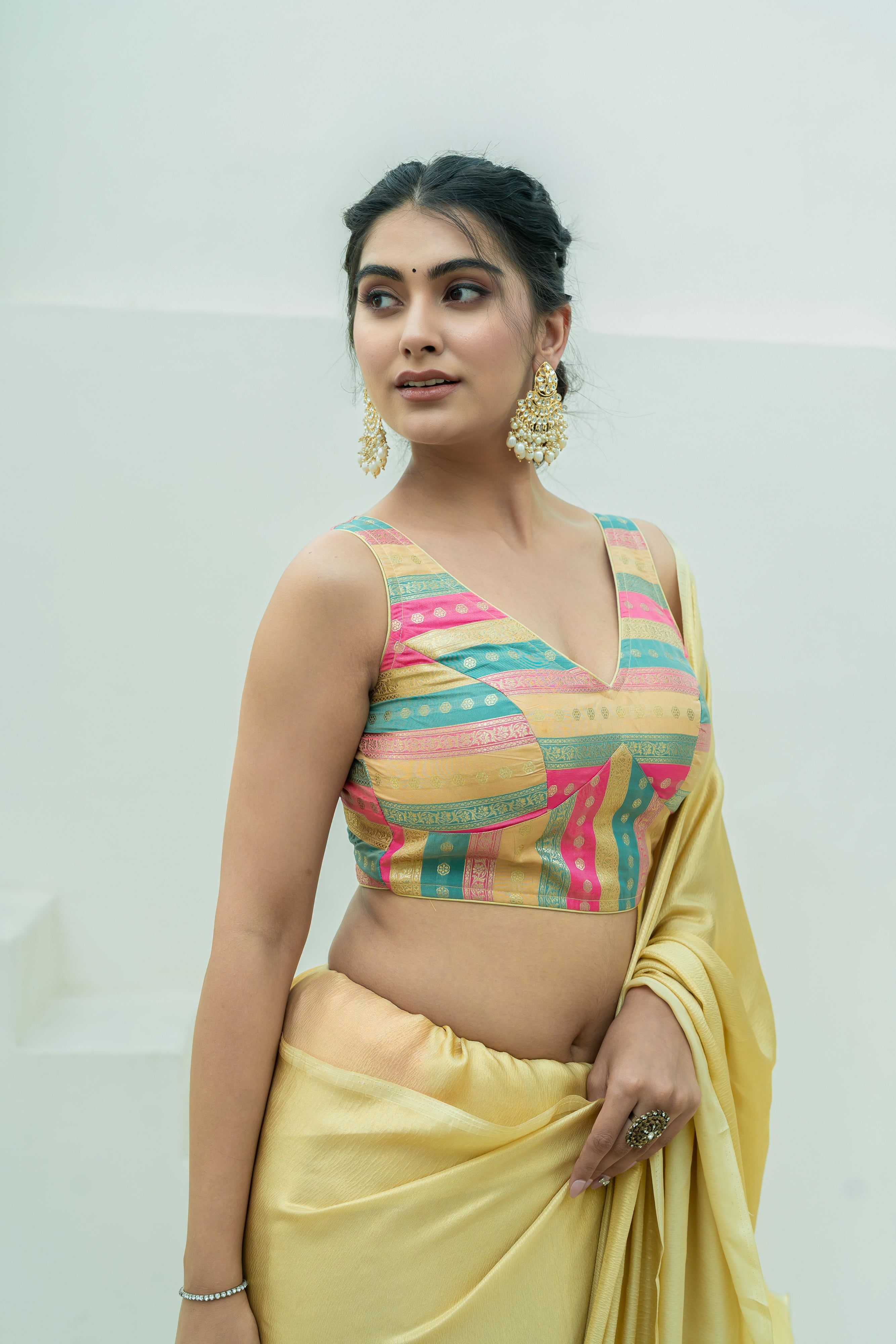 Multicolored Striped Banarasi Brocade Sleeveless V-Neck Beige Blouse