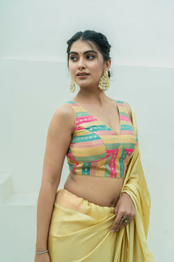 Multicolored Striped Banarasi Brocade Sleeveless V-Neck Beige Blouse
