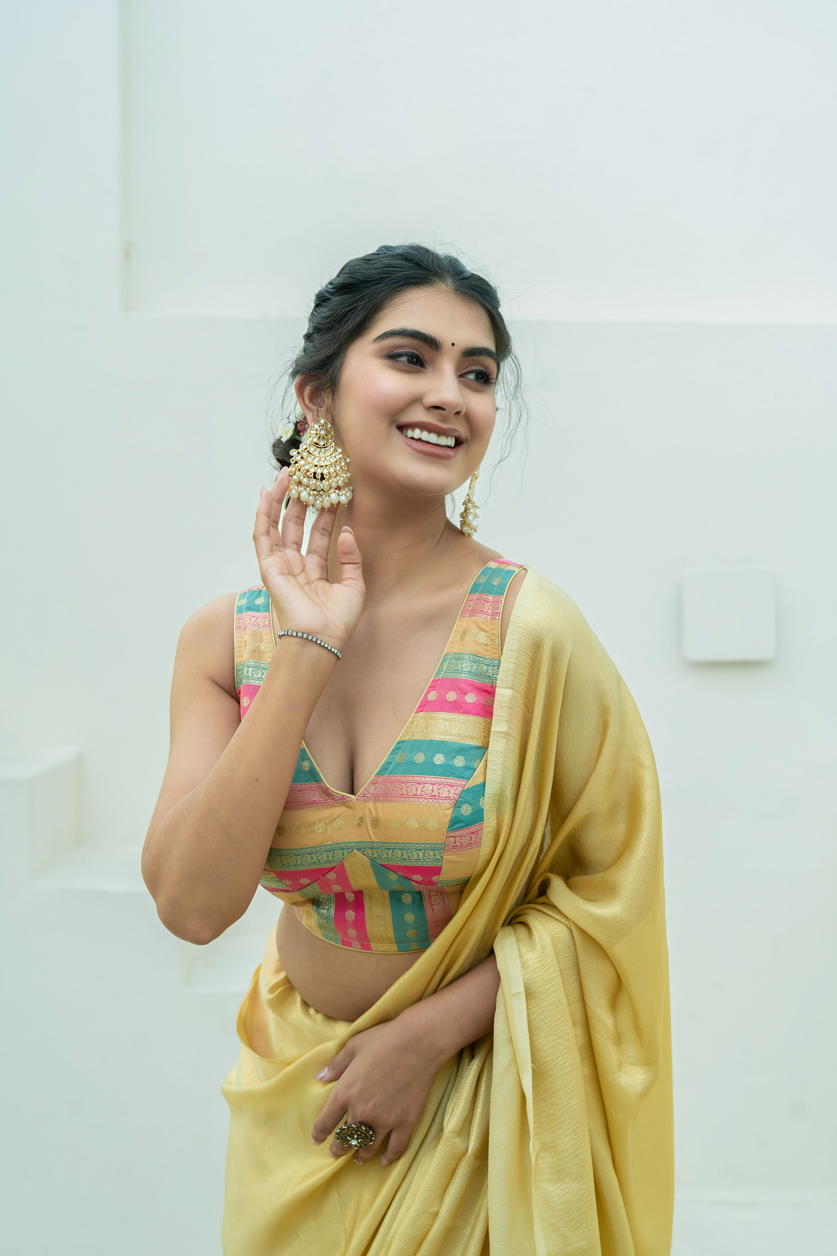 Multicolored Striped Banarasi Brocade Sleeveless V-Neck Beige Blouse