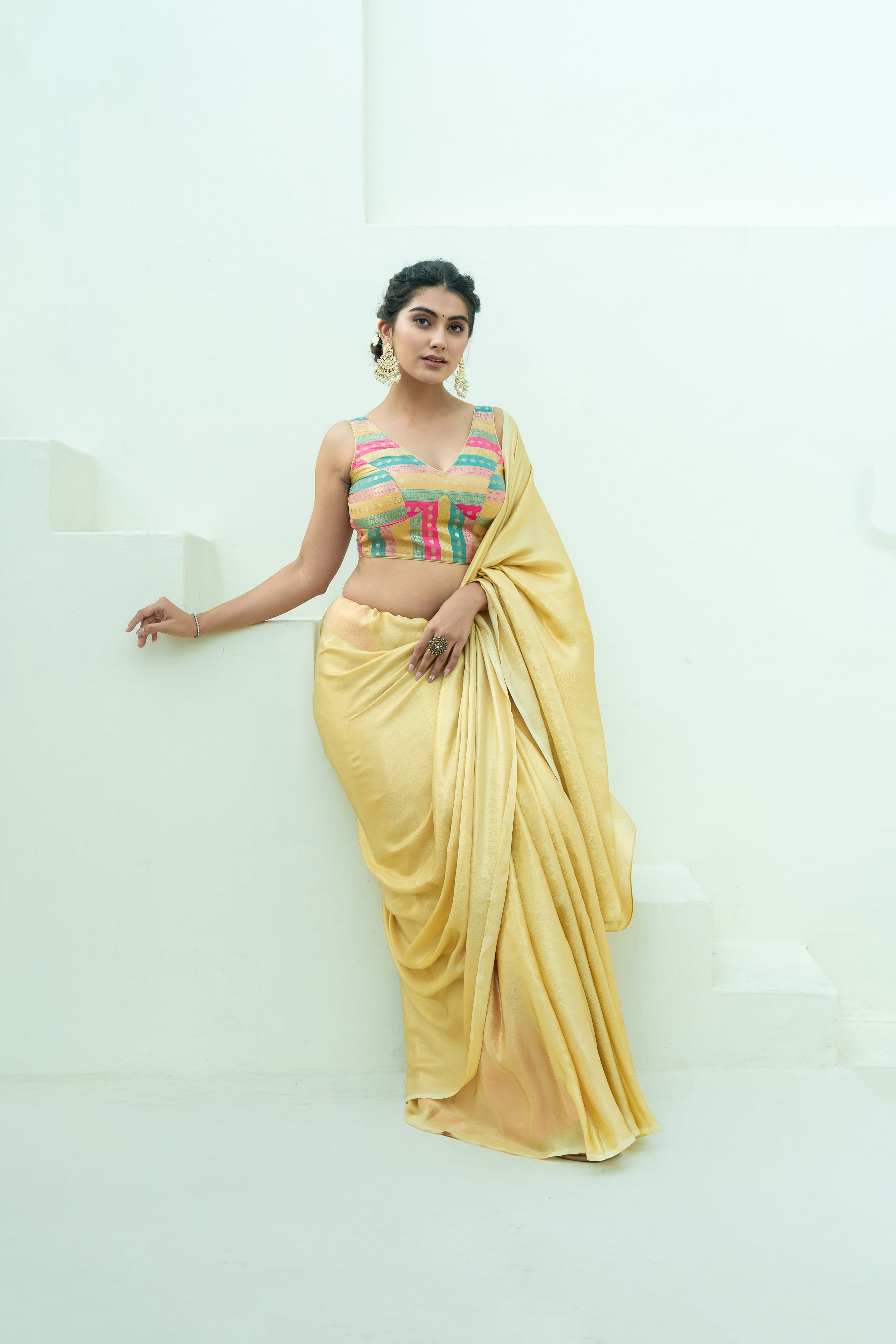 Multicolored Striped Banarasi Brocade Sleeveless V-Neck Beige Blouse