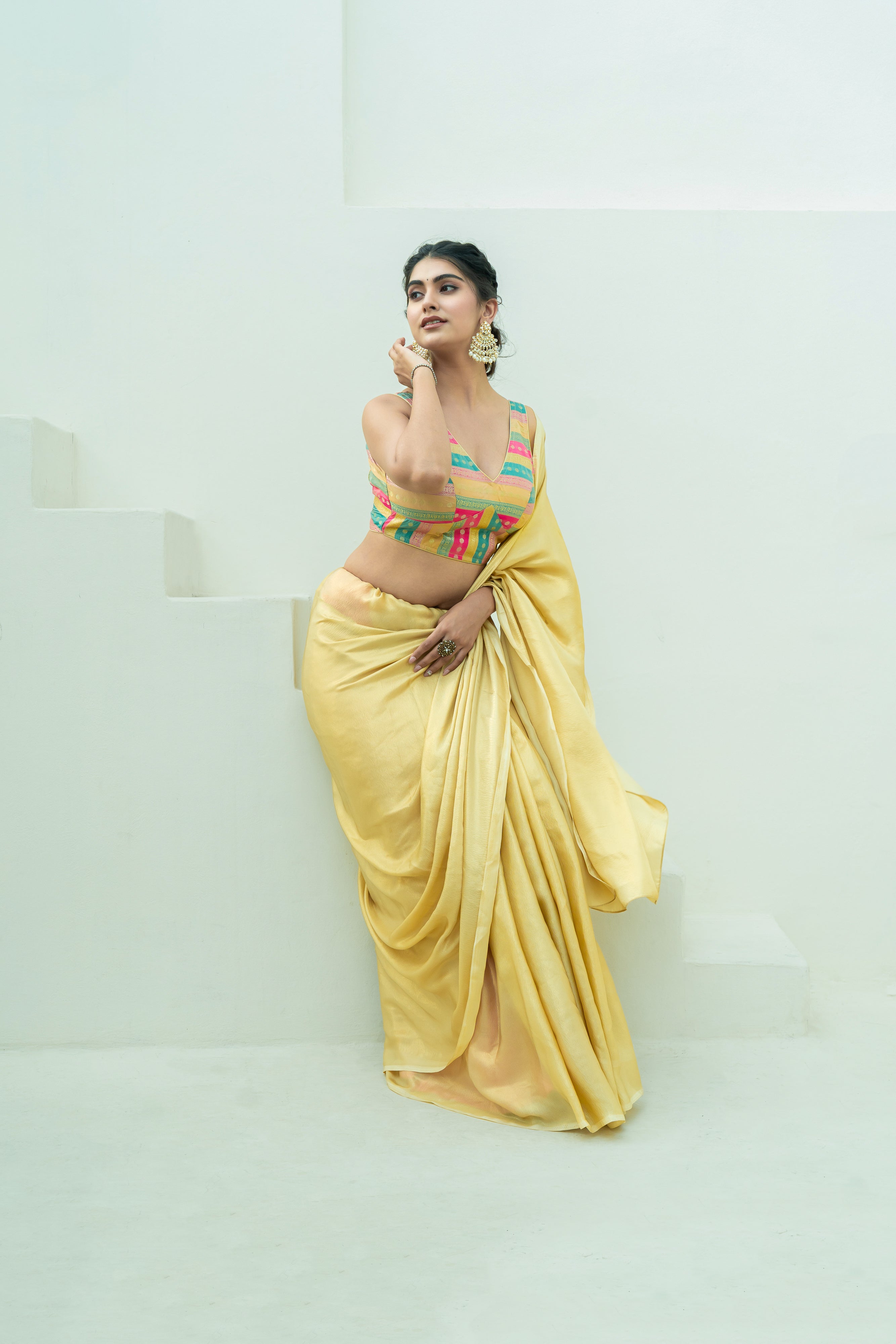 Multicolored Striped Banarasi Brocade Sleeveless V-Neck Beige Blouse