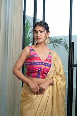 Multicolored Striped Banarasi Brocade Sleeveless V-Neck Blouse