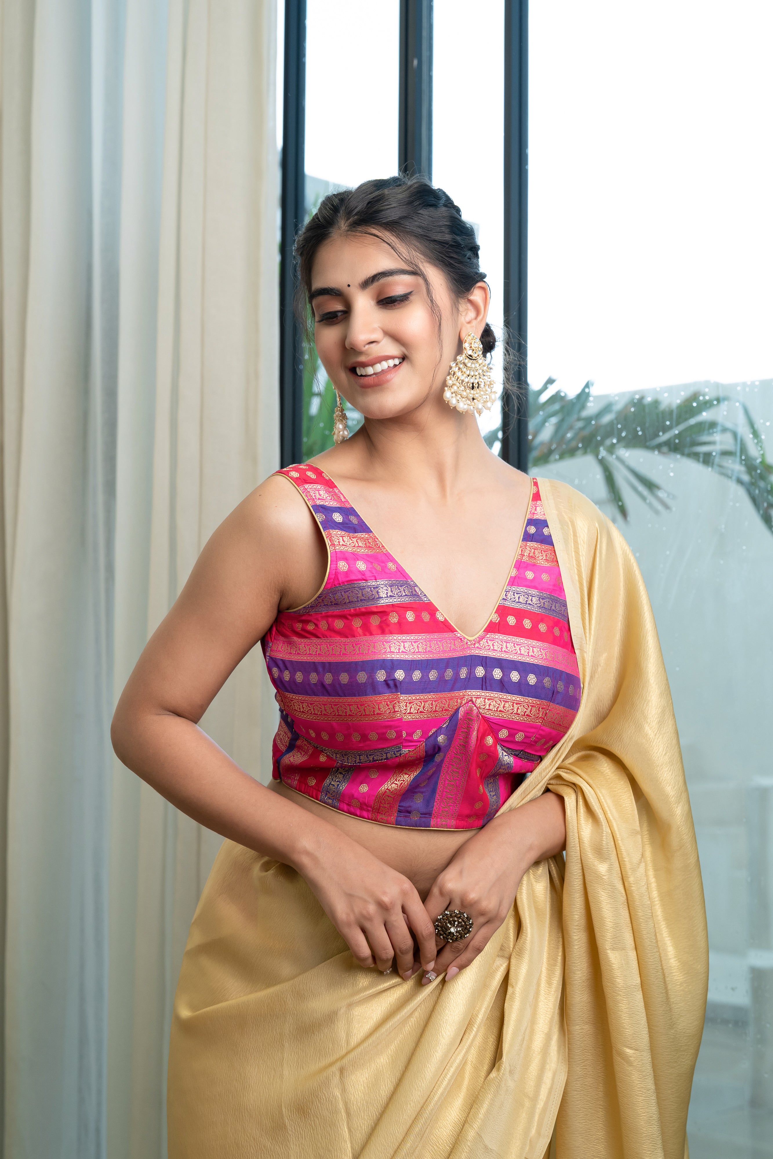Multicolored Striped Banarasi Brocade Sleeveless V-Neck Violet Blouse