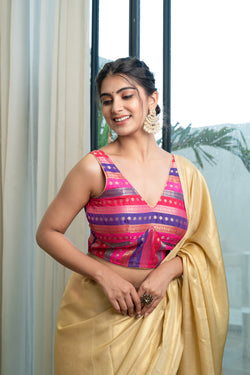 Multicolored Striped Banarasi Brocade Sleeveless V-Neck Violet Blouse