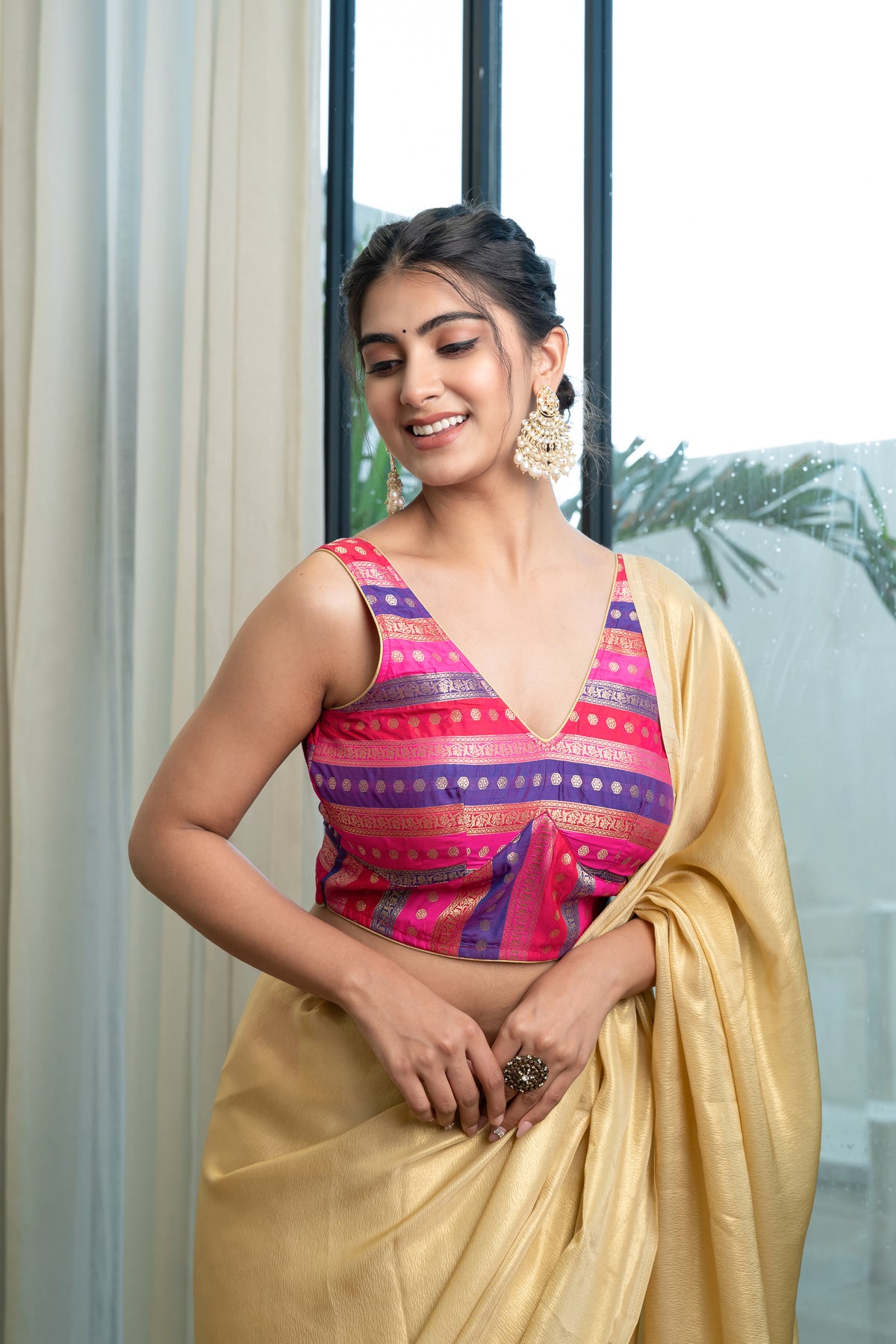 Multicolored Striped Banarasi Brocade Sleeveless V-Neck Violet Blouse