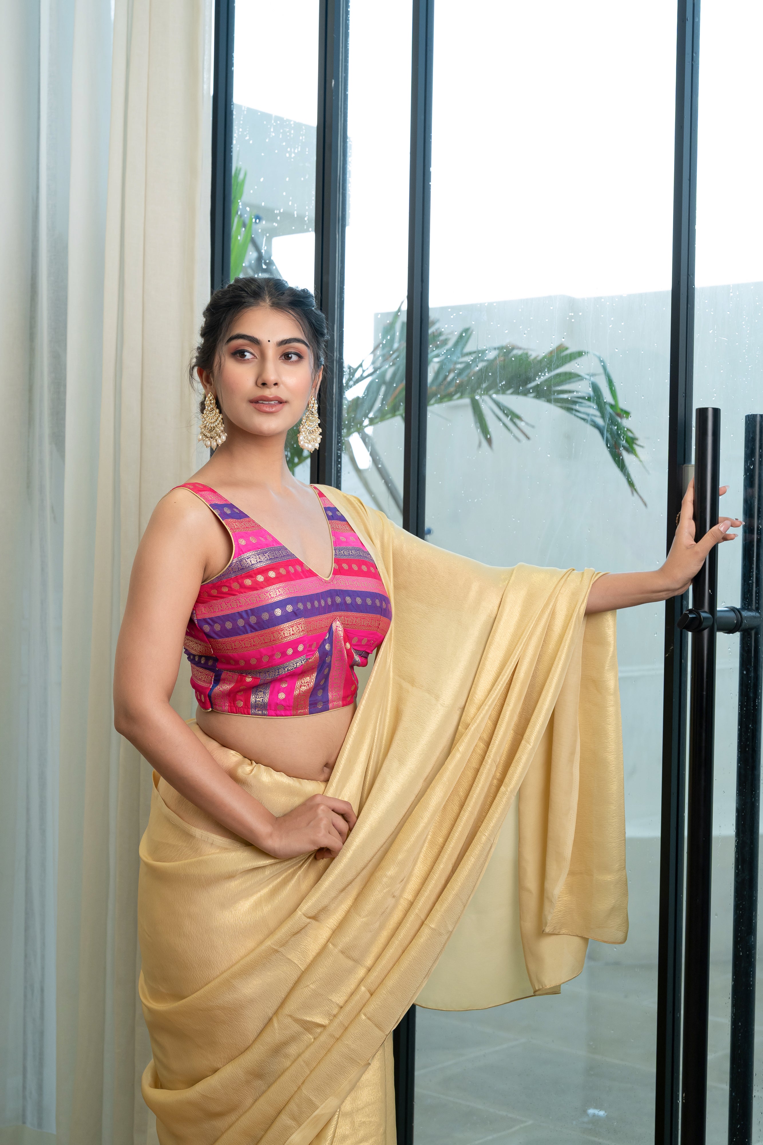 Multicolored Striped Banarasi Brocade Sleeveless V-Neck Violet Blouse