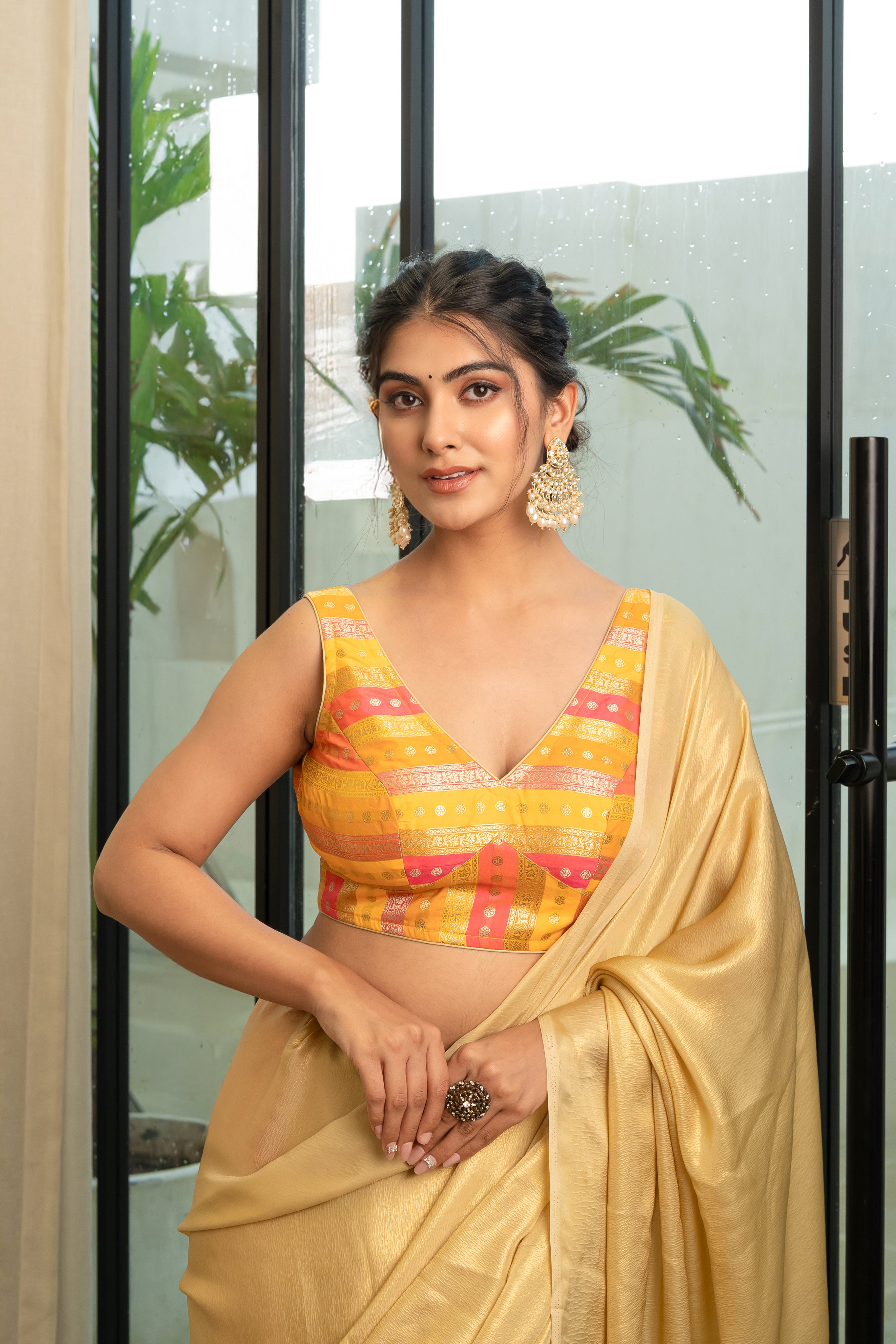Multicolored Striped Banarasi Brocade Sleeveless V-Neck Blouse