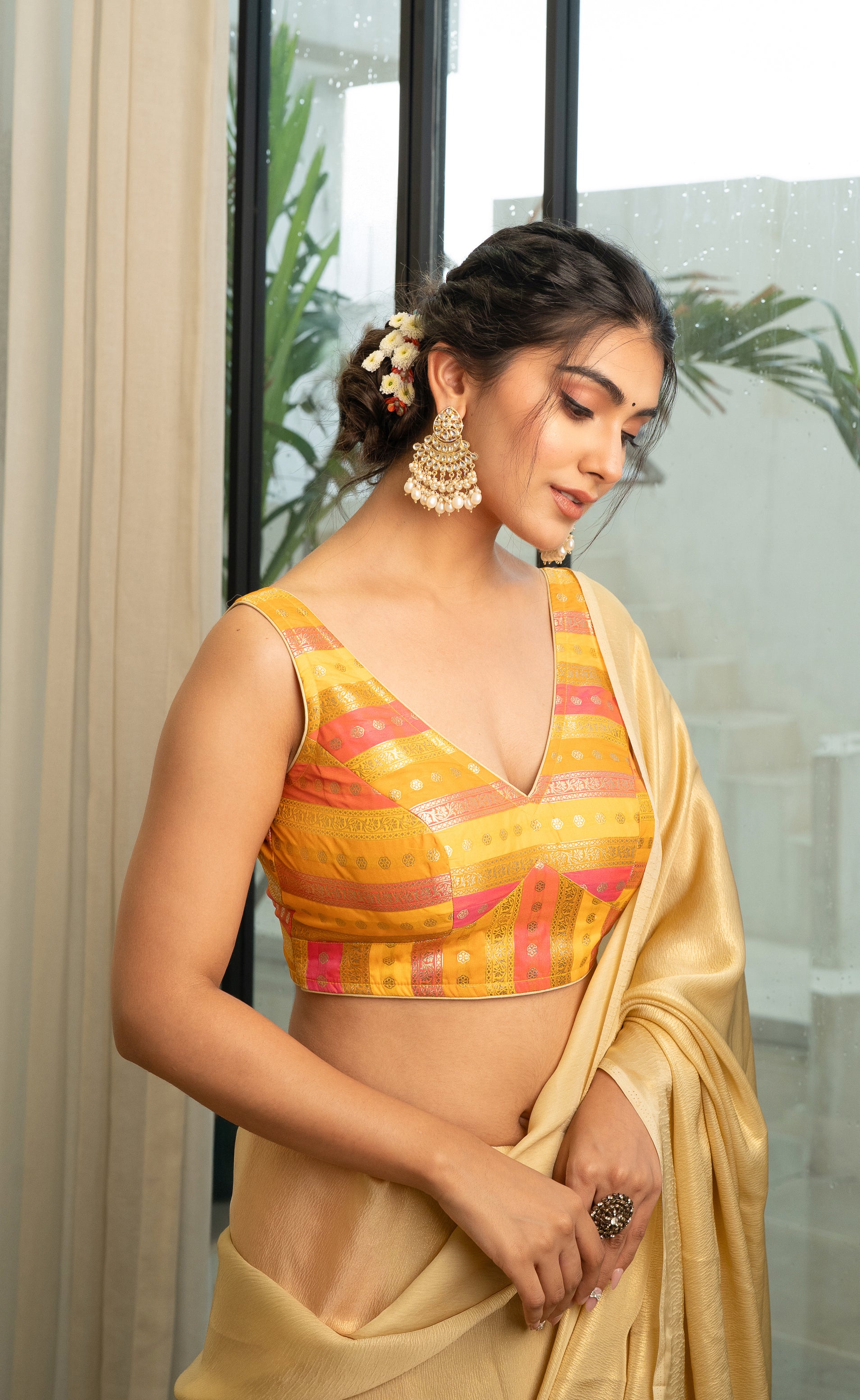 Multicolored Striped Banarasi Brocade Sleeveless V-Neck Yellow Blouse