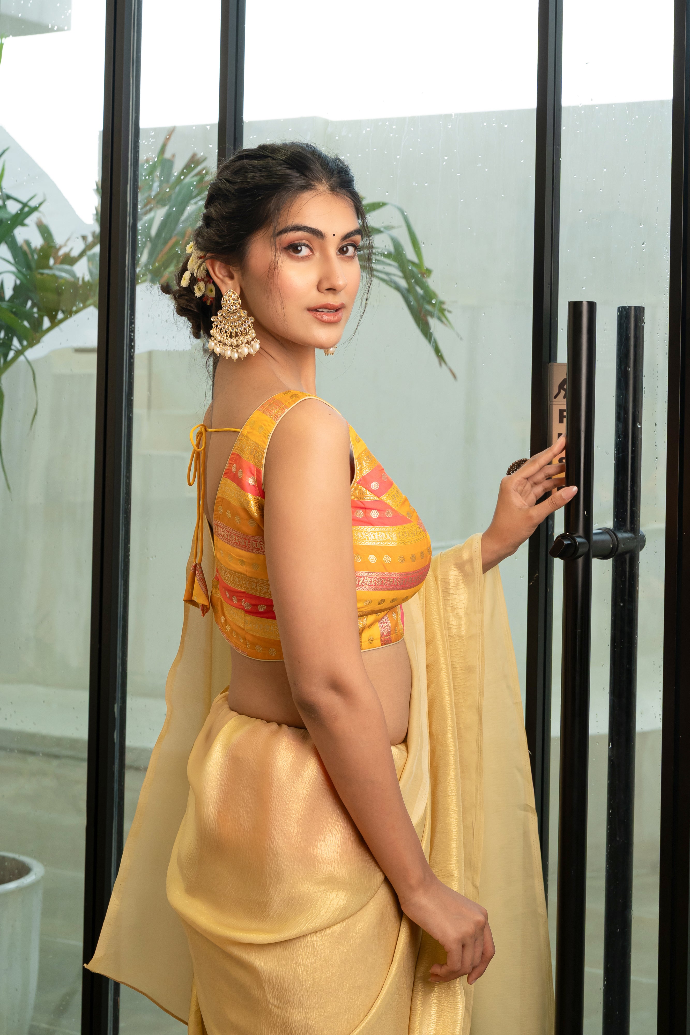 Multicolored Striped Banarasi Brocade Sleeveless V-Neck Yellow Blouse