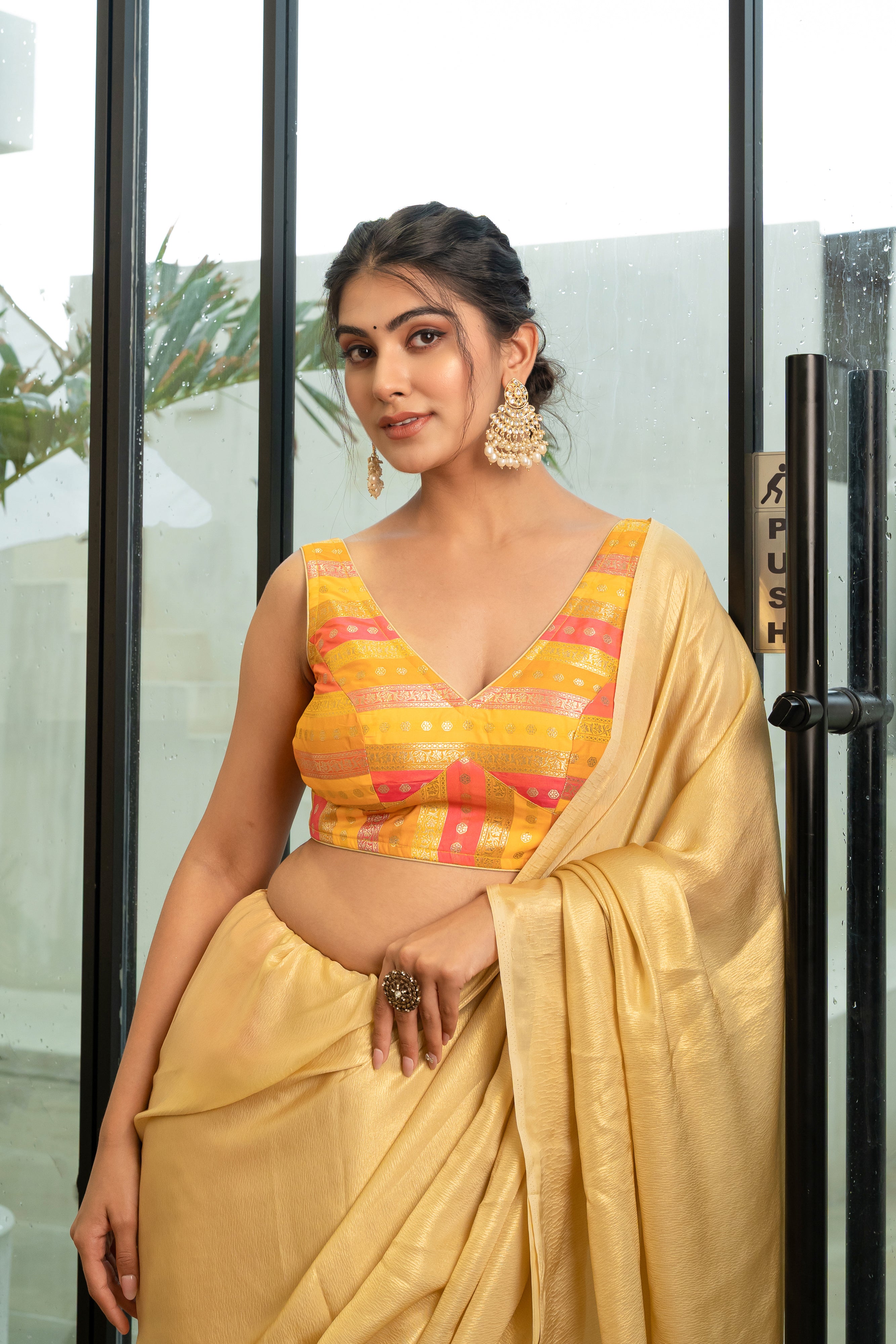 Multicolored Striped Banarasi Brocade Sleeveless V-Neck Yellow Blouse