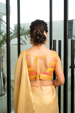 Multicolored Striped Banarasi Brocade Sleeveless V-Neck Yellow Blouse