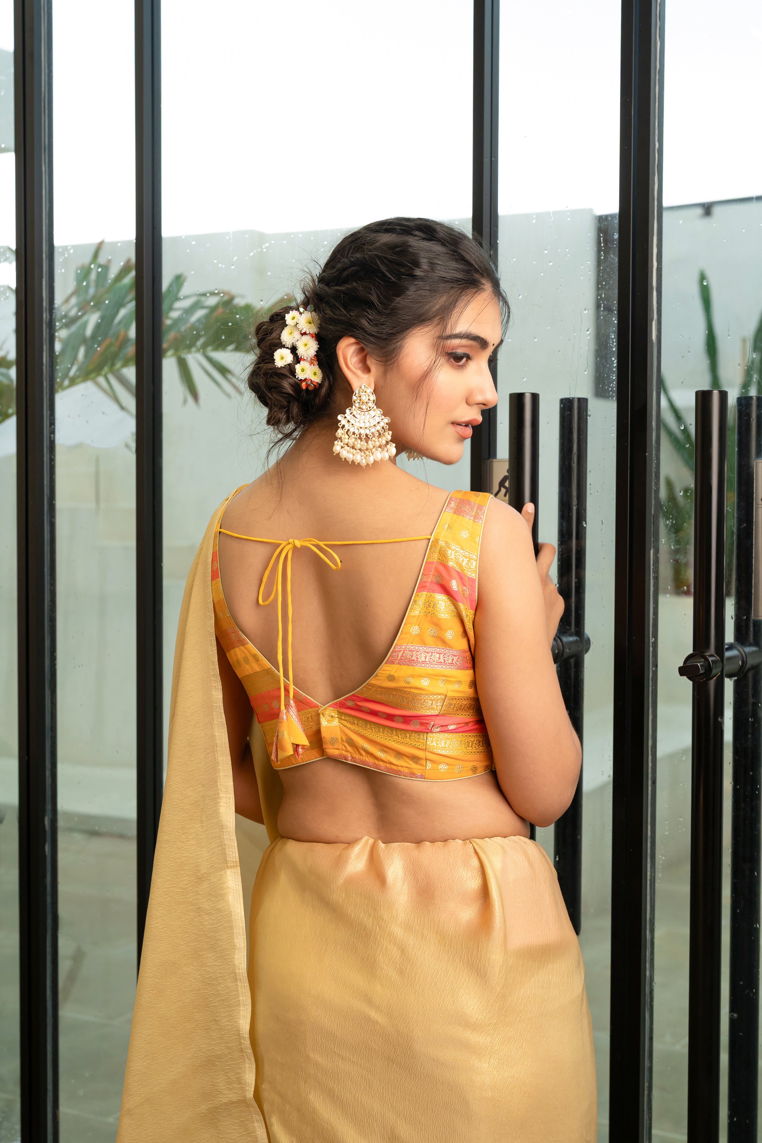 Multicolored Striped Banarasi Brocade Sleeveless V-Neck Yellow Blouse