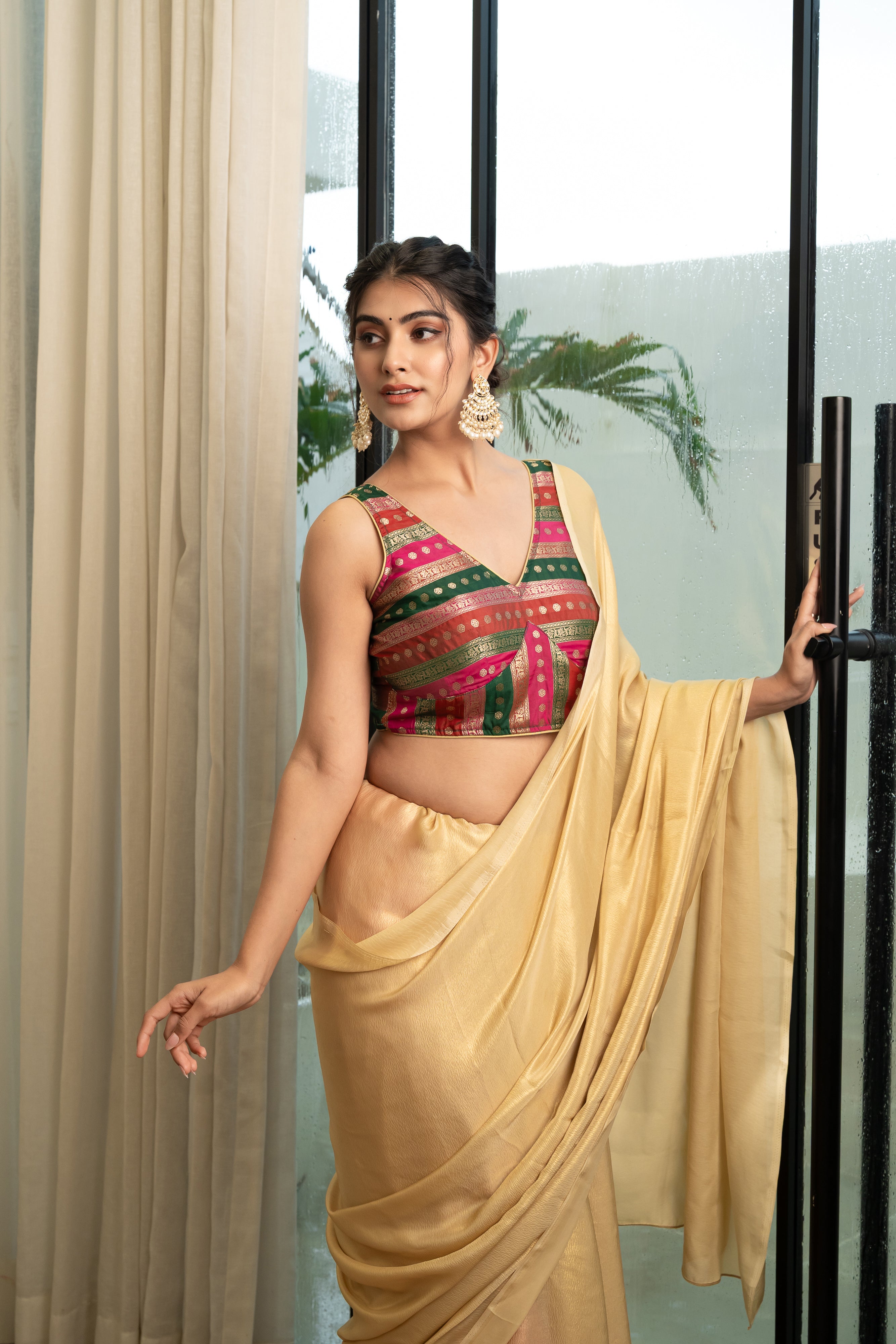 Multicolored Striped Banarasi Brocade Sleeveless V-Neck Green Blouse