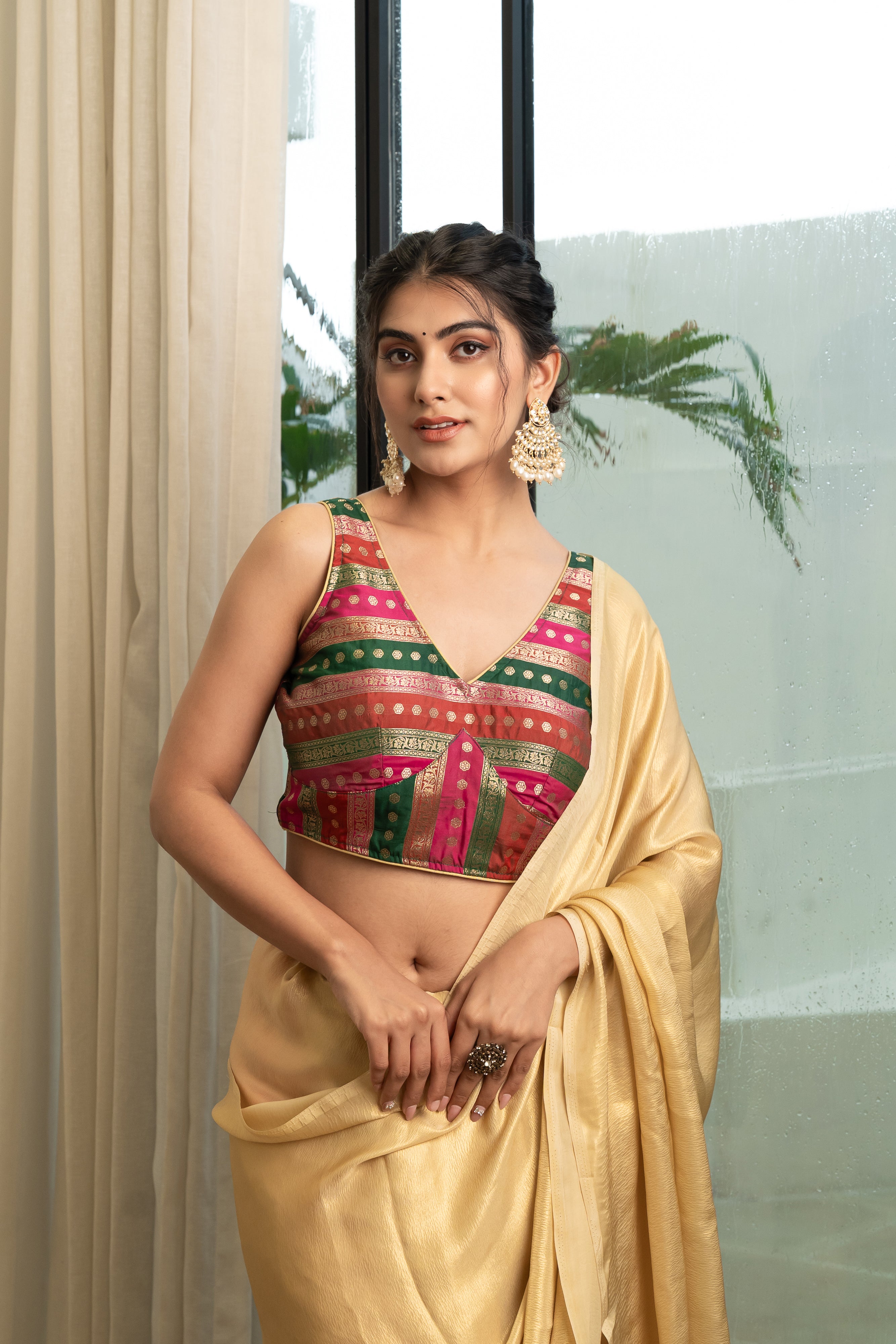 Multicolored Striped Banarasi Brocade Sleeveless V-Neck Green Blouse