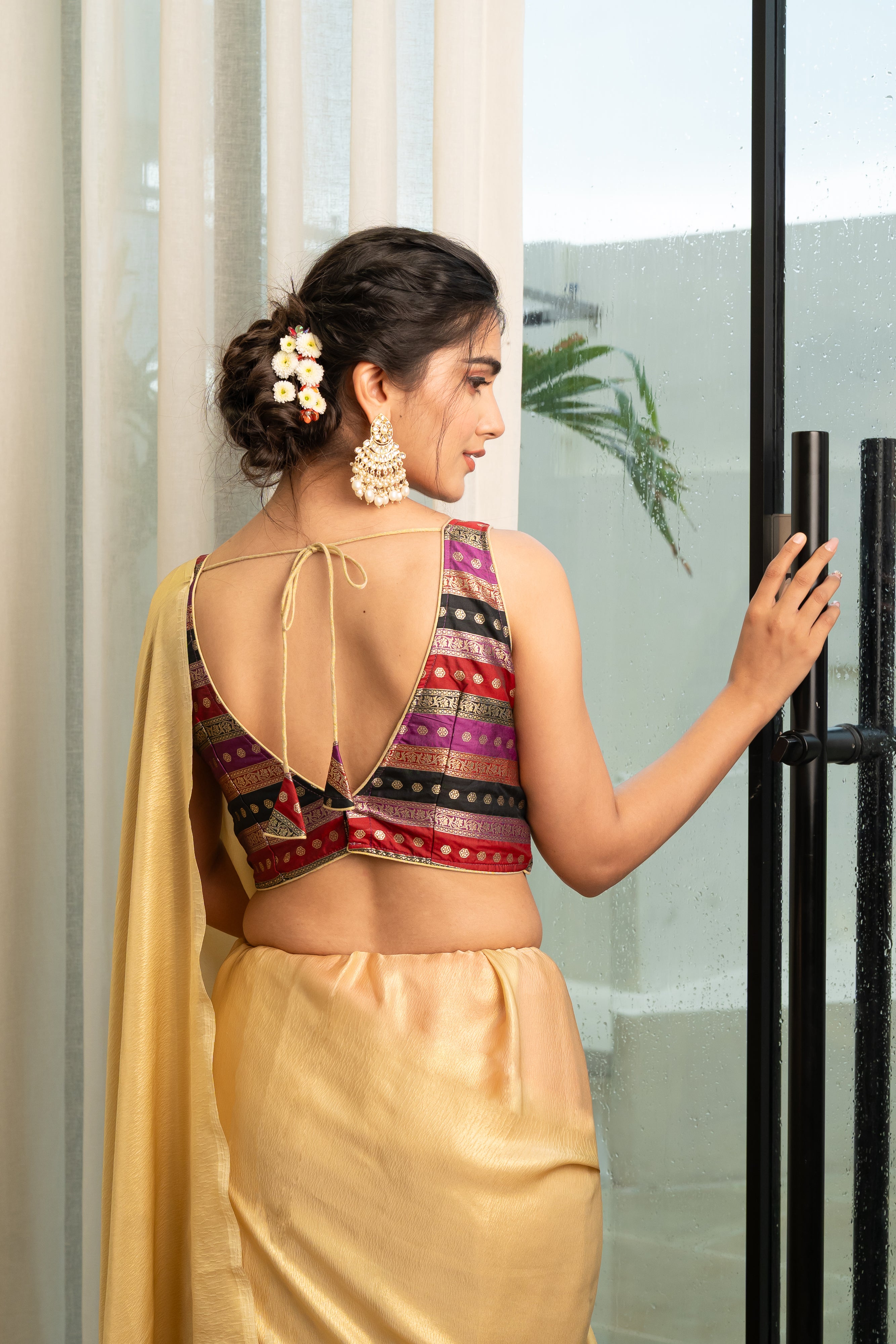 Multicolored Striped Banarasi Brocade Sleeveless V-Neck Blouse