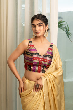 Multicolored Striped Banarasi Brocade Sleeveless V-Neck Blouse