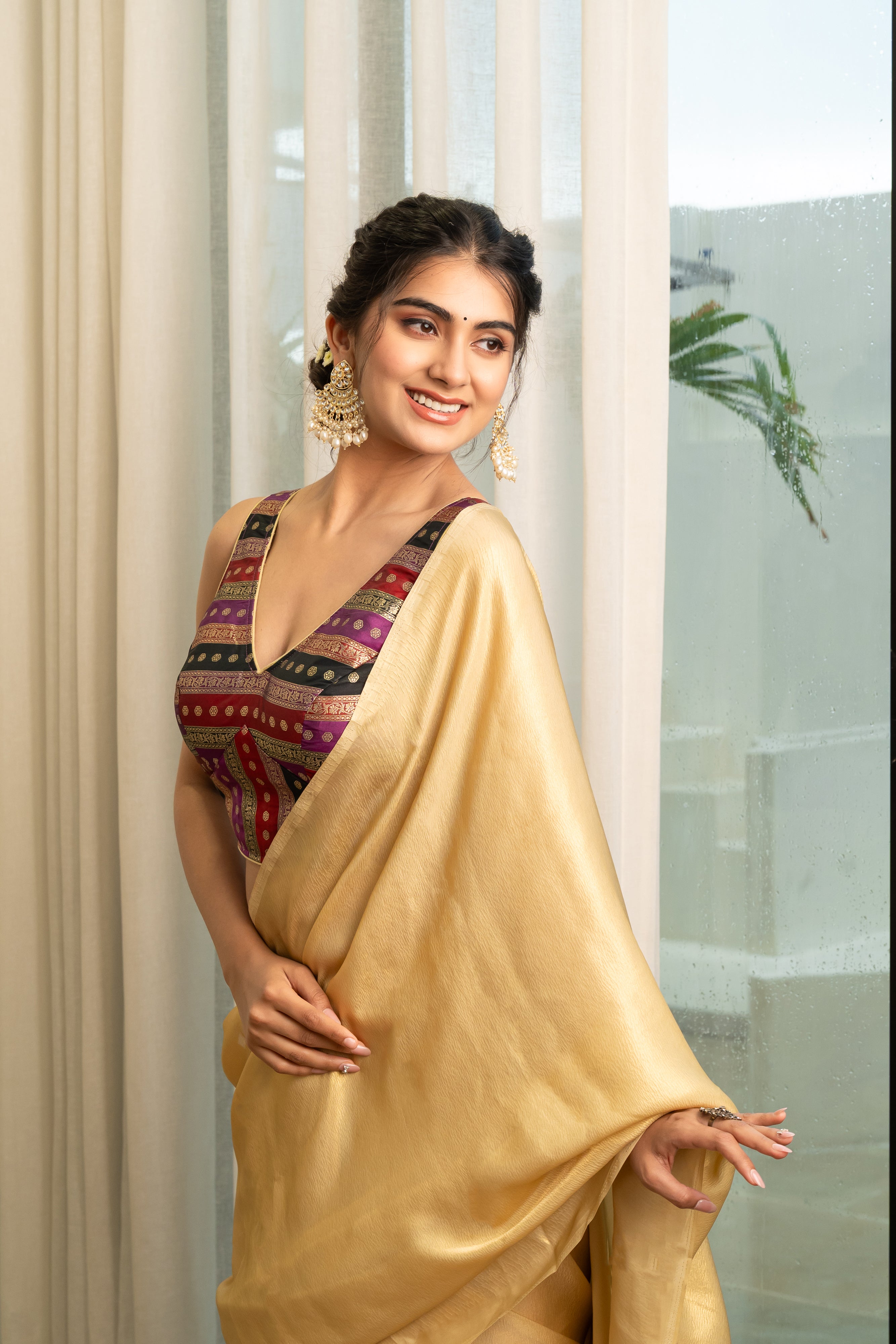 Multicolored Striped Banarasi Brocade Sleeveless V-Neck Maroon Blouse