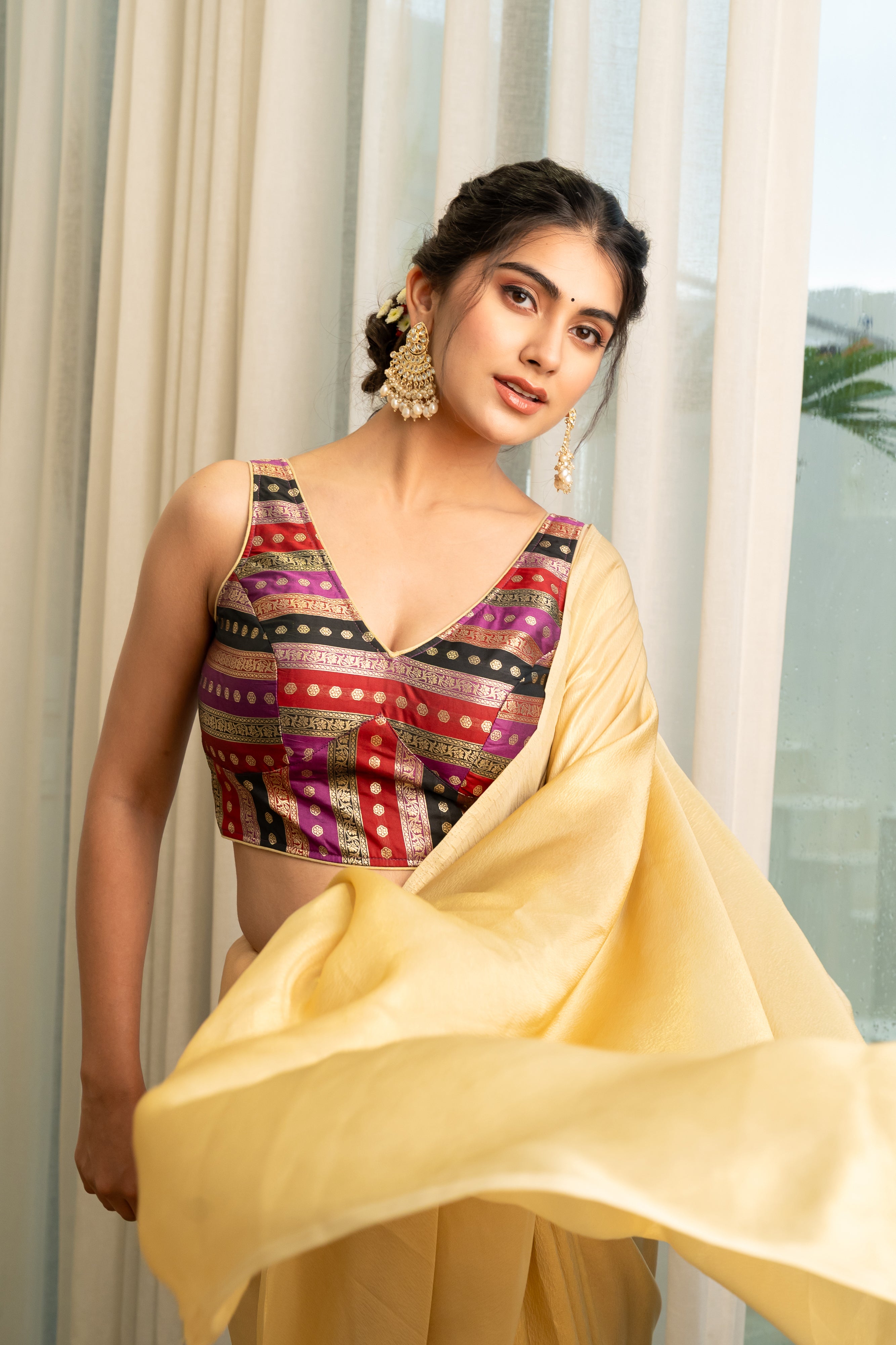 Multicolored Striped Banarasi Brocade Sleeveless V-Neck Maroon Blouse