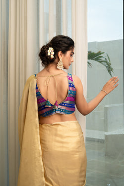 Multicolored Striped Banarasi Brocade Sleeveless V-Neck Blouse