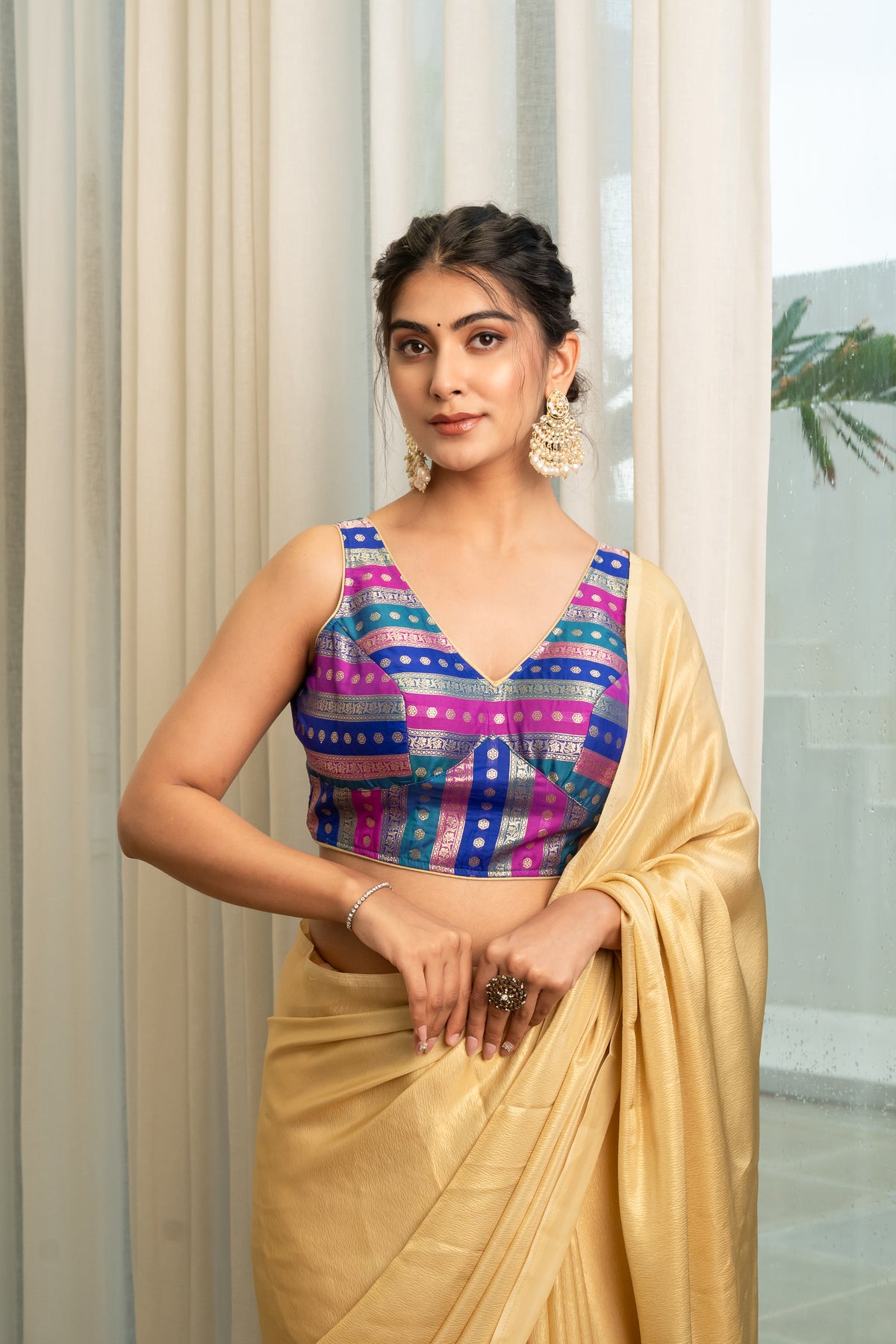 Multicolored Striped Banarasi Brocade Sleeveless V-Neck Blue Blouse