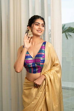 Multicolored Striped Banarasi Brocade Sleeveless V-Neck Blue Blouse