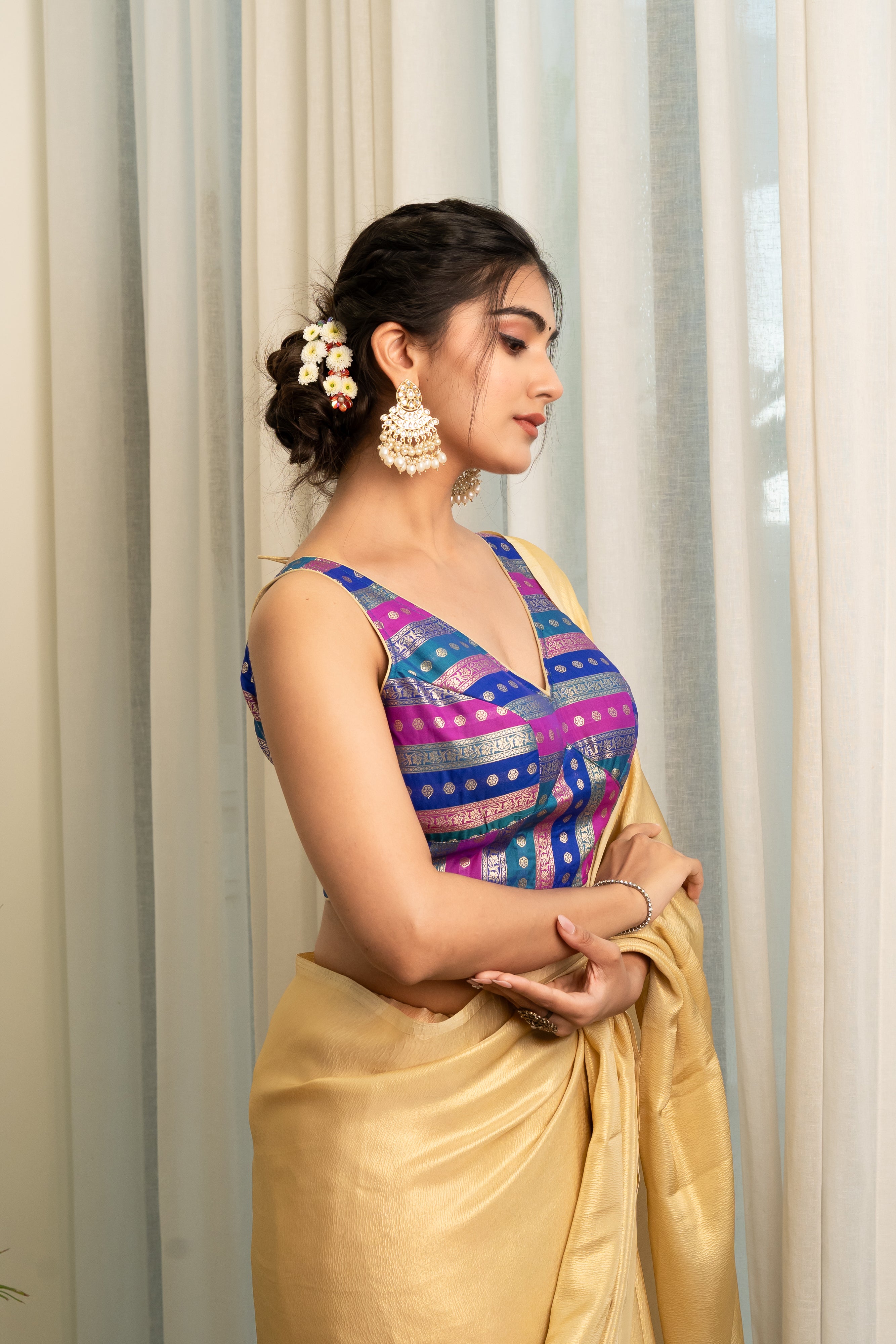 Multicolored Striped Banarasi Brocade Sleeveless V-Neck Blue Blouse