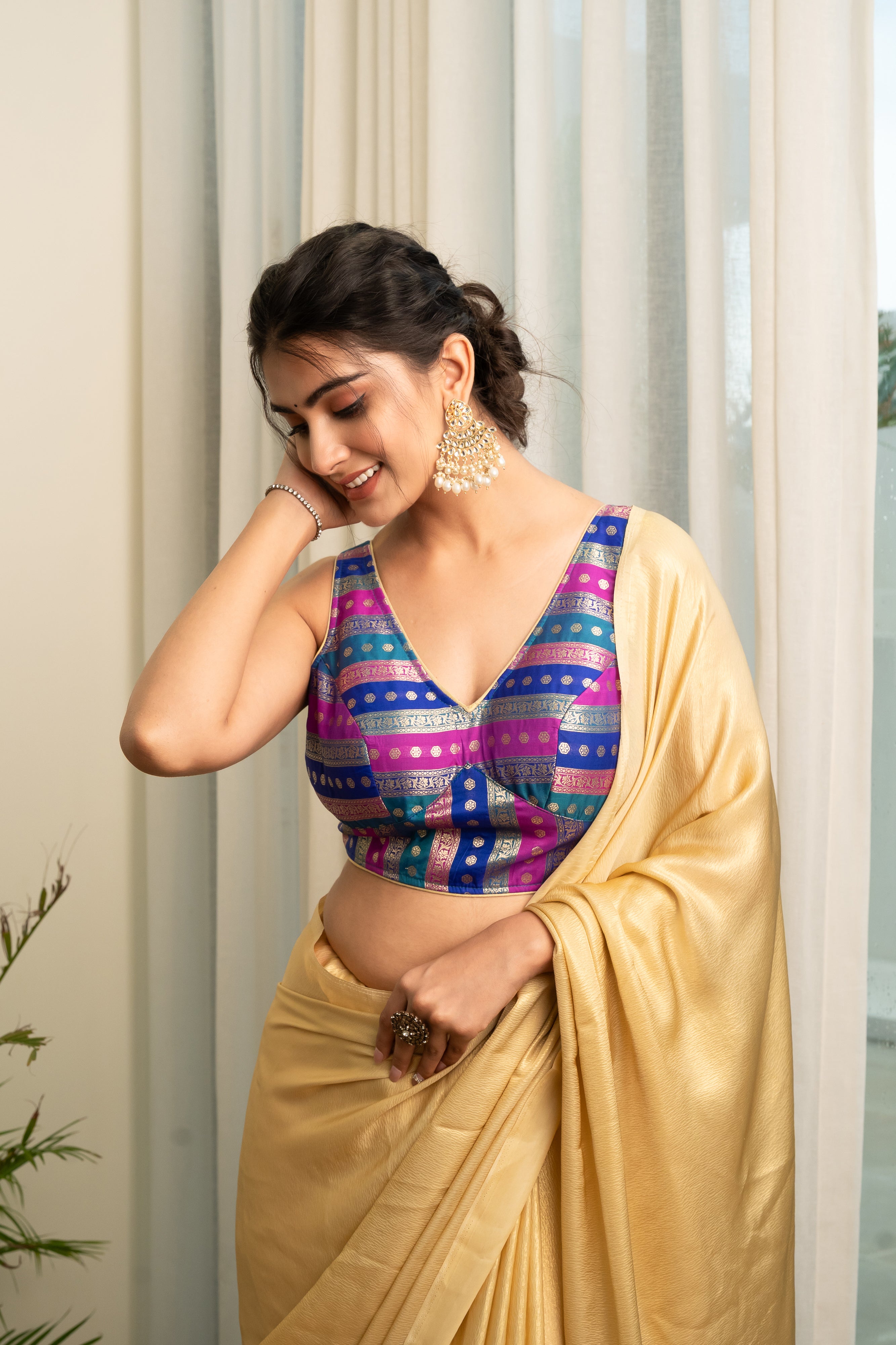 Multicolored Striped Banarasi Brocade Sleeveless V-Neck Blue Blouse