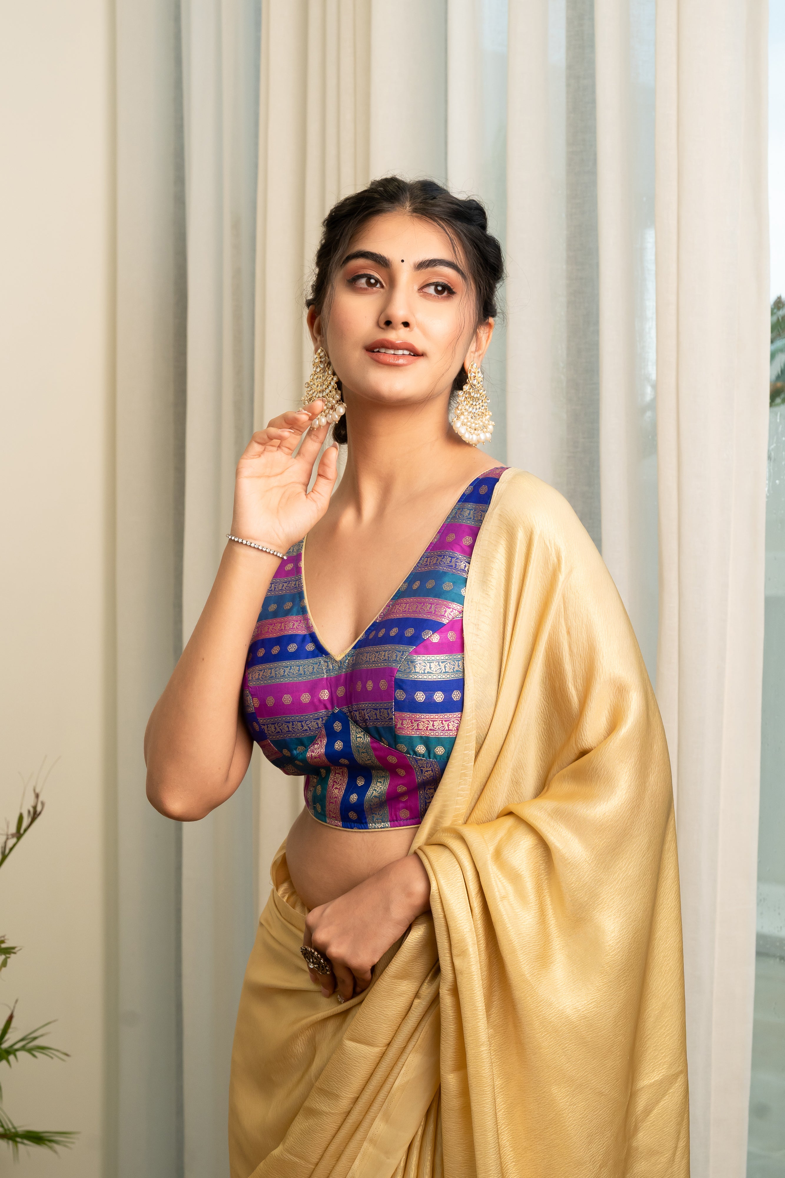 Multicolored Striped Banarasi Brocade Sleeveless V-Neck Blue Blouse