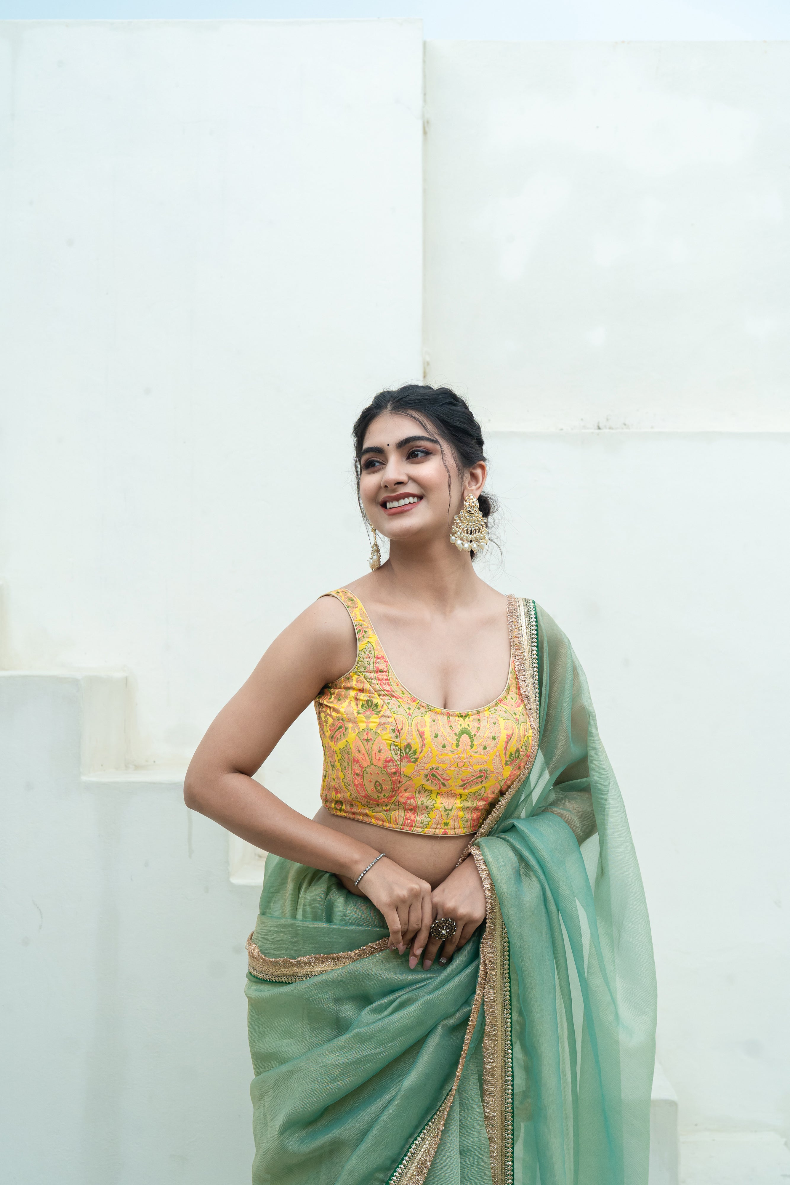Woven Designed Kashi Banarsi Scoop Neck Padded Yellow Saree Blouse