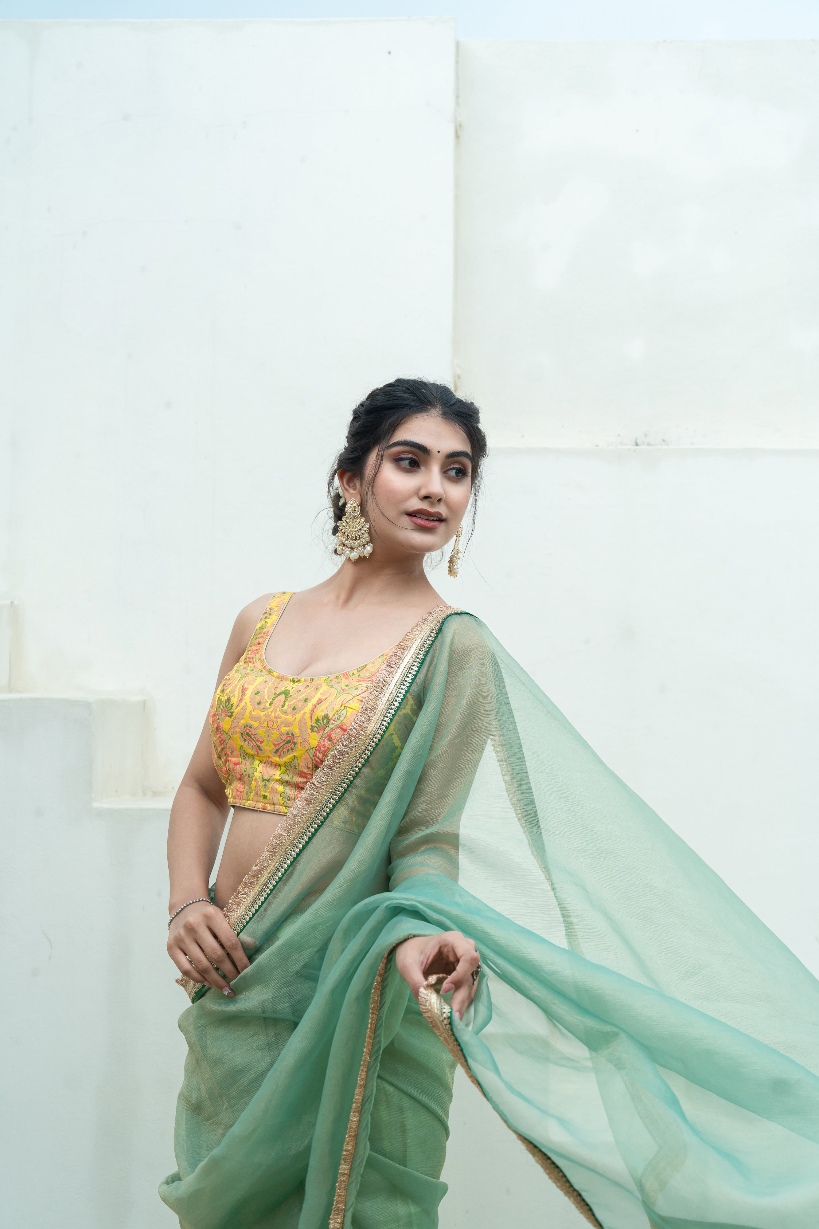 Woven Designed Kashi Banarsi Scoop Neck Padded Yellow Saree Blouse