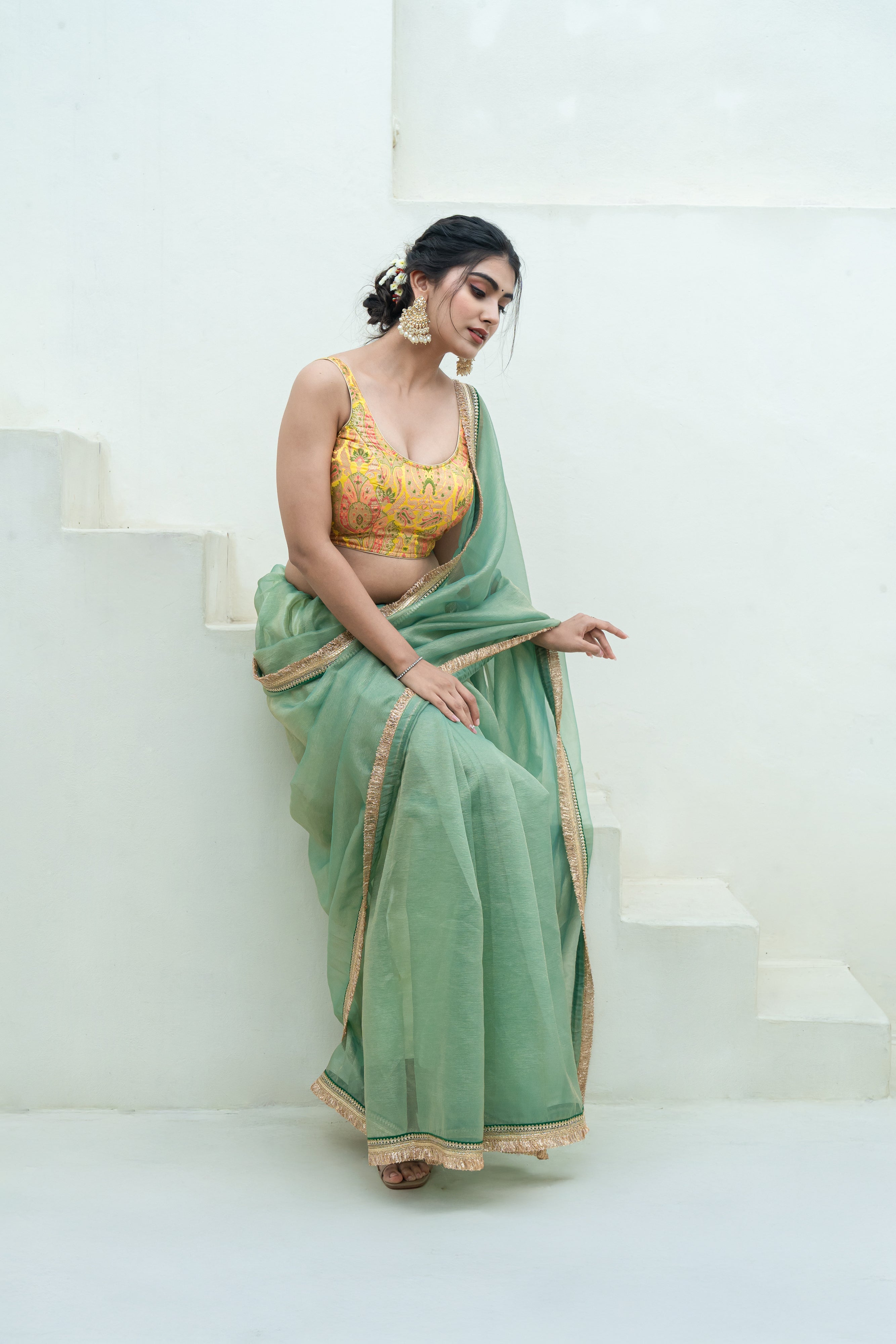Woven Designed Kashi Banarsi Scoop Neck Padded Yellow Saree Blouse