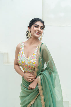 Multicolor Mirror Work Sleeveless V-Neck Designer Blouse