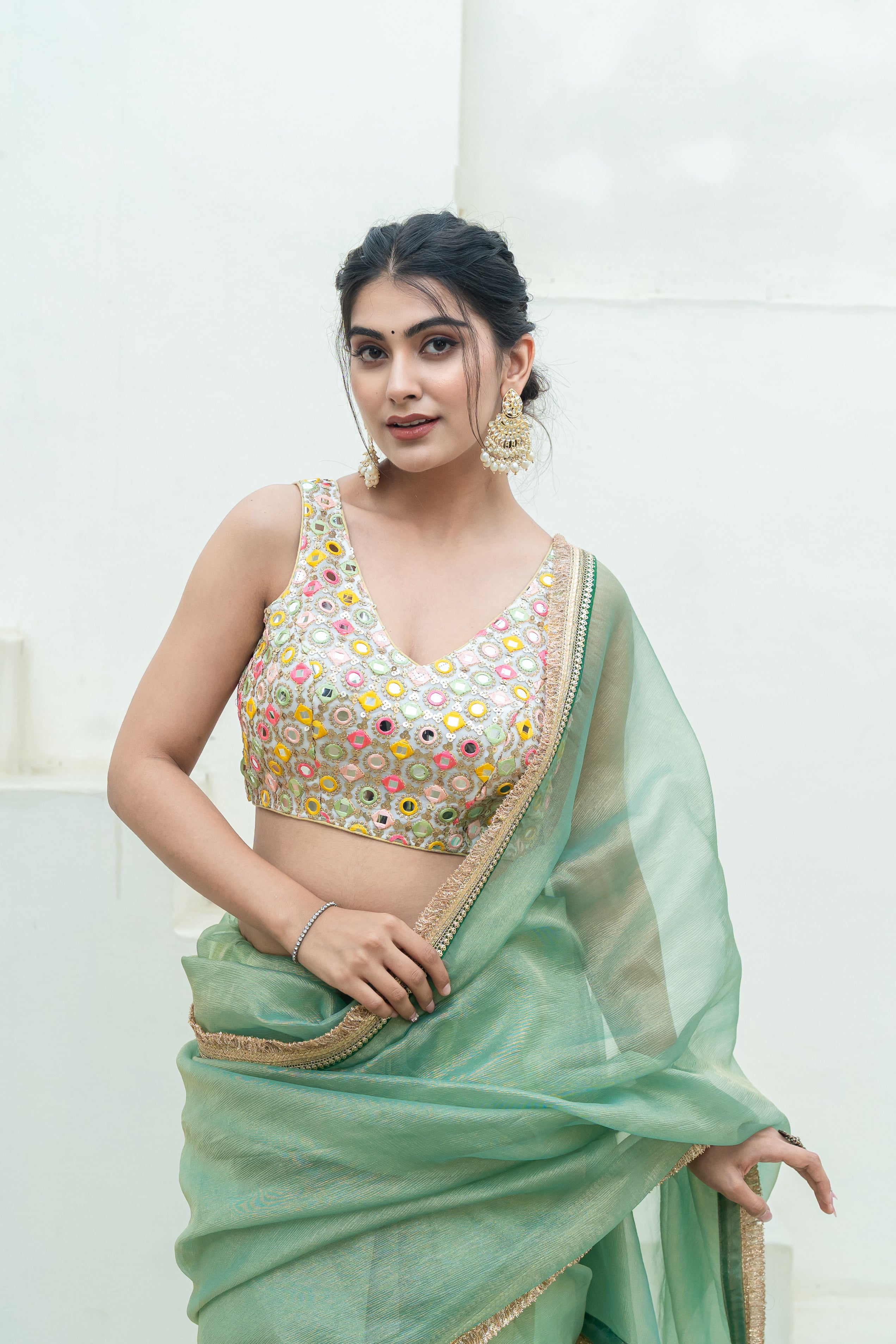 Multicolor Mirror Work Sleeveless V-Neck Designer Blouse