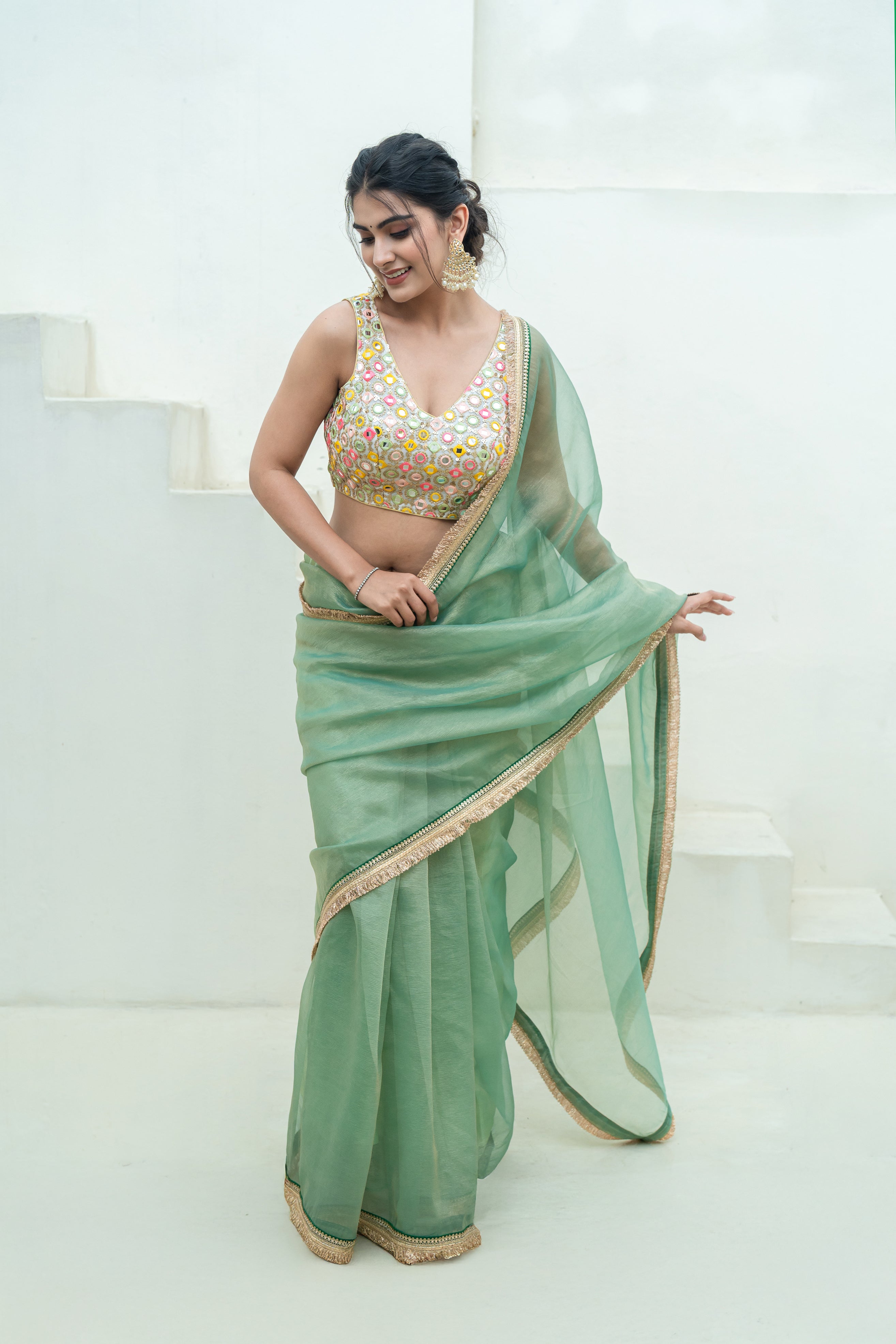 Multicolor Mirror Work Sleeveless V-Neck Designer Blouse