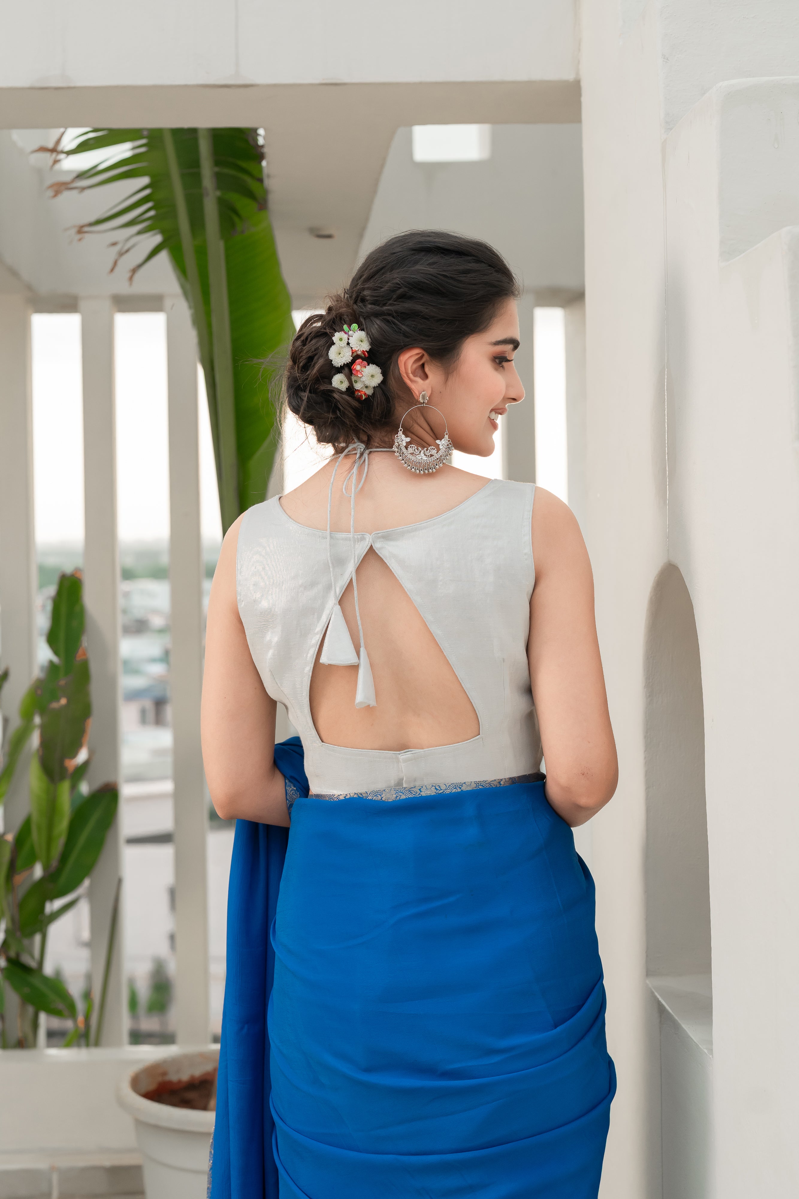 Floral Silver Sequined Masaba Cut Blouse