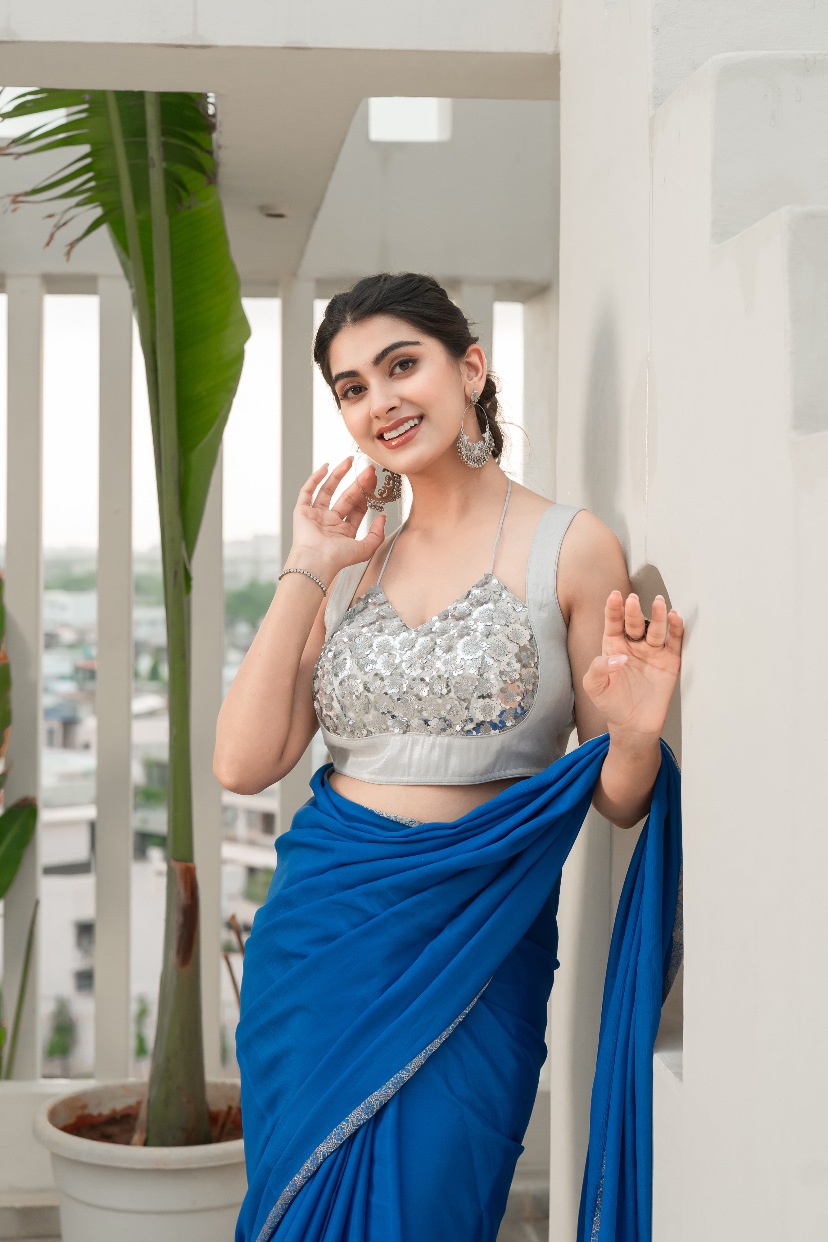 Floral Silver Sequined Masaba Cut Blouse
