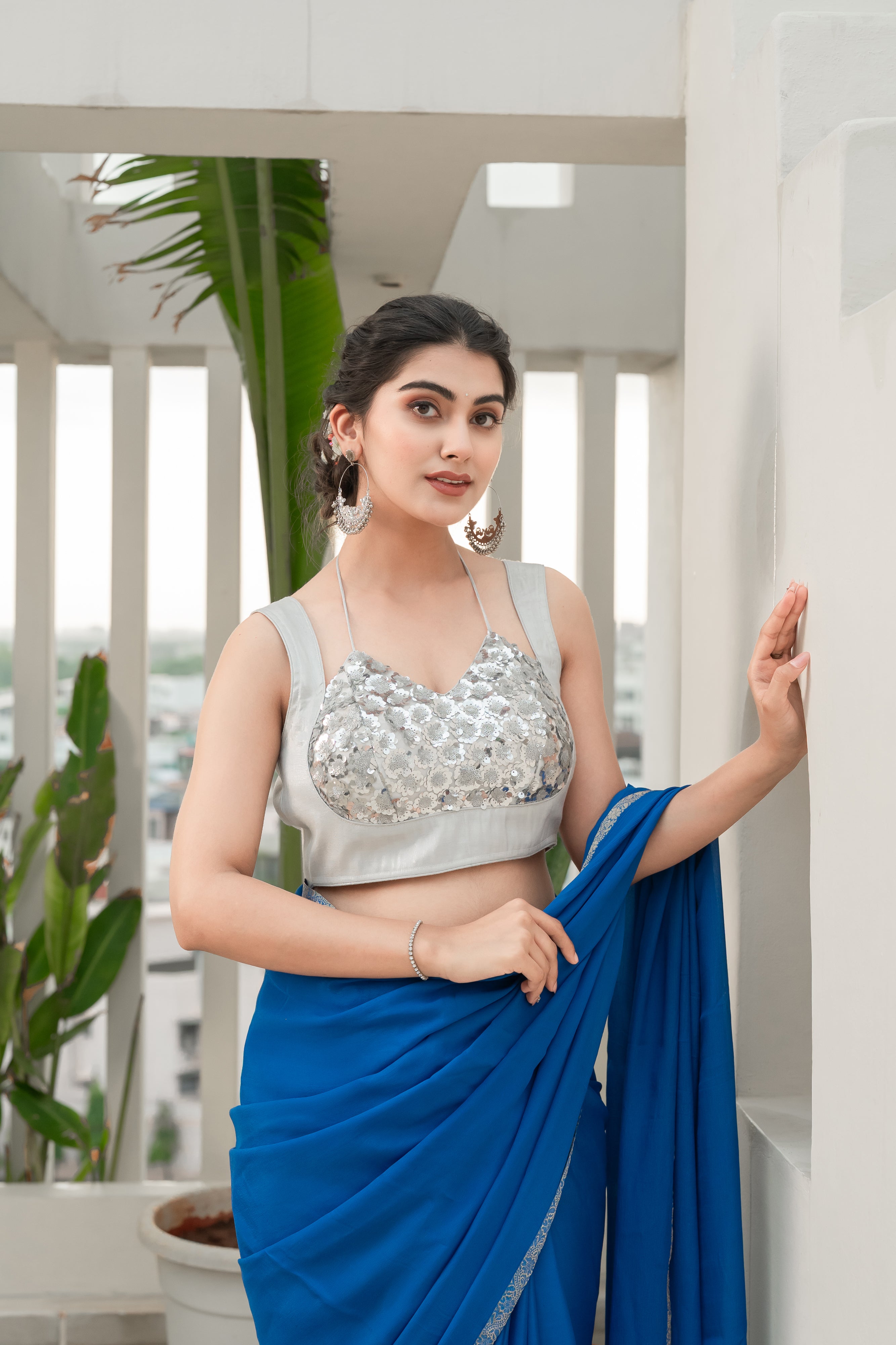Floral Silver Sequined Masaba Cut Blouse