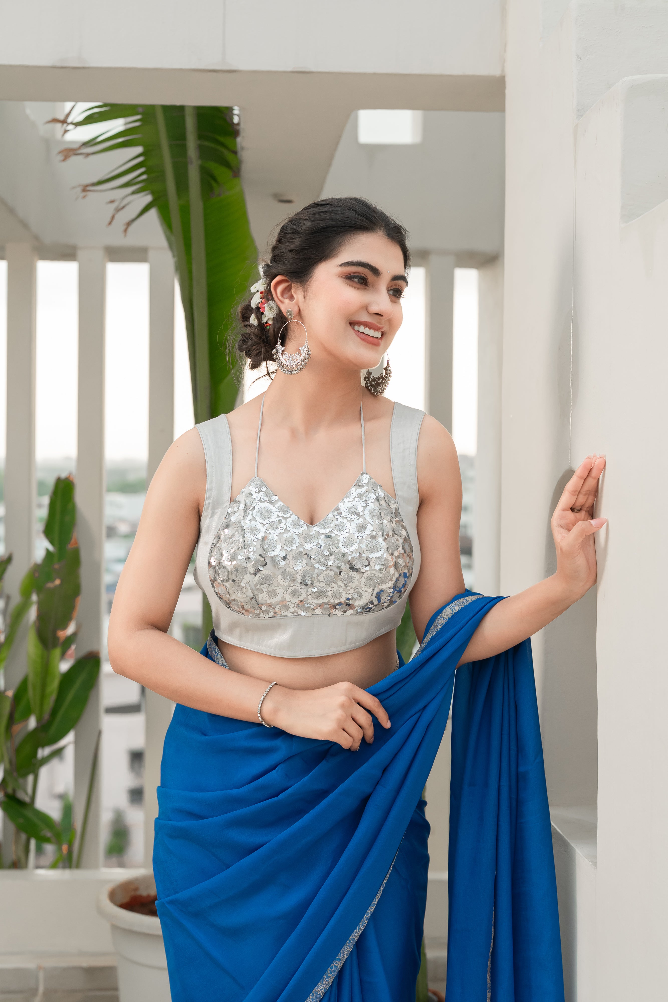 Floral Silver Sequined Masaba Cut Blouse
