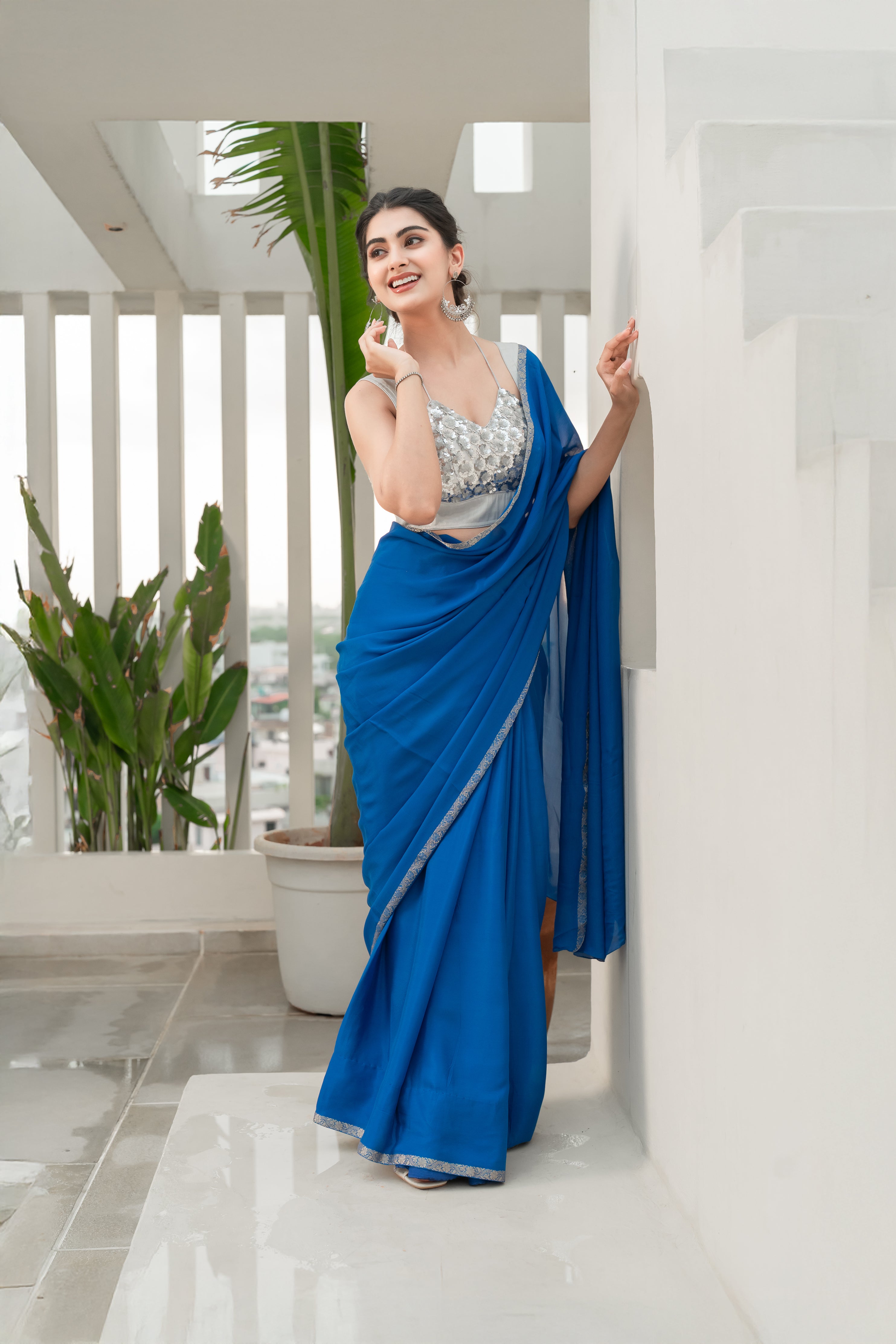 Floral Silver Sequined Masaba Cut Blouse